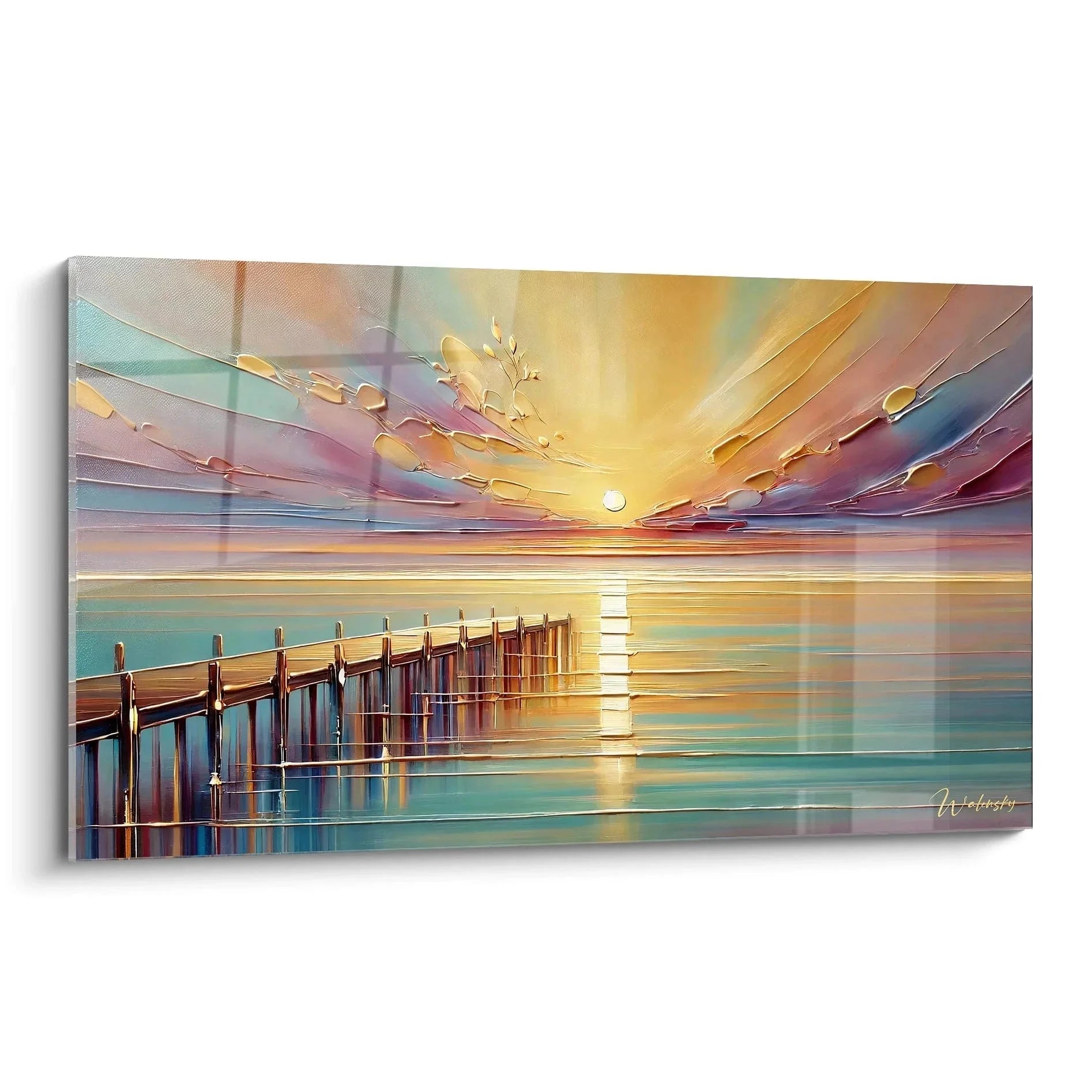 Wandbild Steg im Sonnenuntergang mit goldenen Reflexionen auf dem Wasser - Edition Landschaft