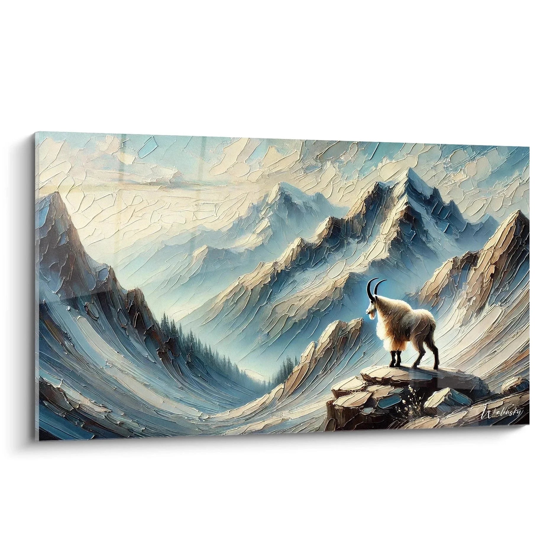 Wandbild Steinbock auf Felsen in majestätischer Berglandschaft mit schneebedeckten Gipfeln und Nebel