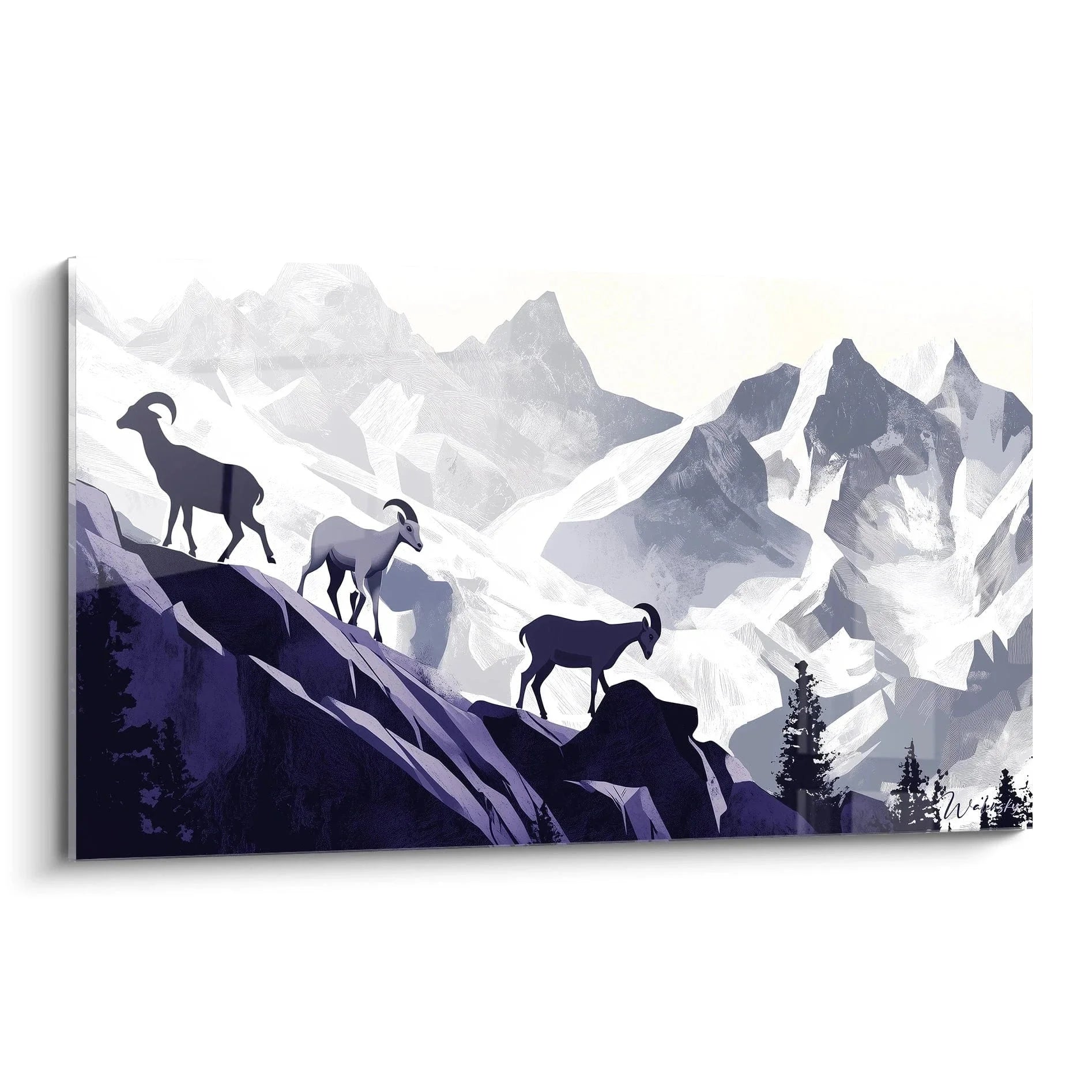 Wandbild Steinböcke Bergpanorama mit vier Bergziegen auf Felsklippen vor alpiner Berglandschaft