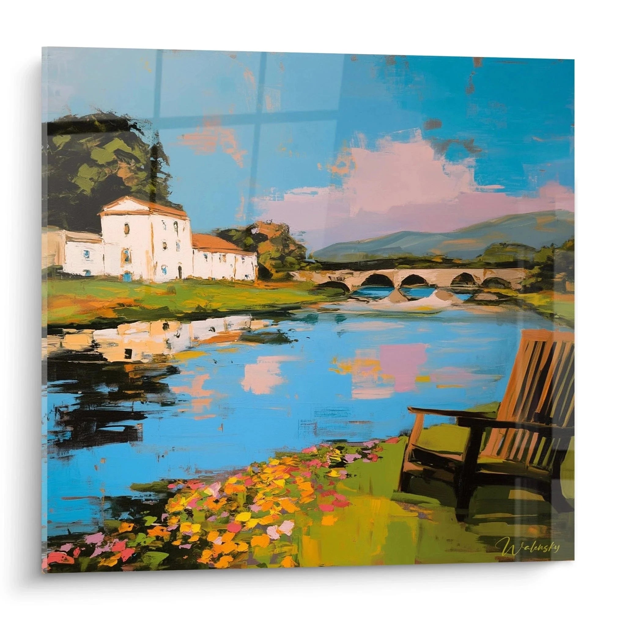 Impressionistisches Wandbild mit Steinbrücke über Fluss, Holzstuhl im Vordergrund, herbstliche Landschaft