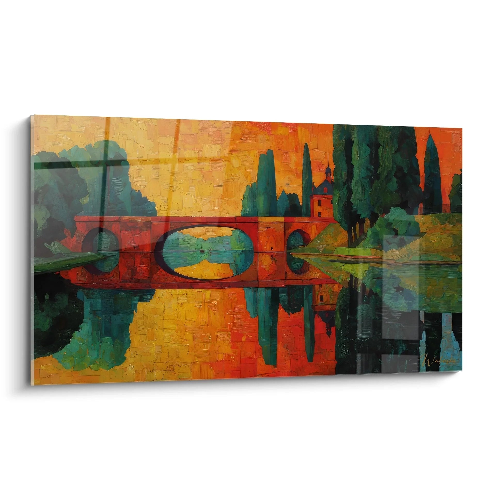 Expressionistisches Wandbild mediterrane Steinbrücke mit Zypressen und warmem Farbspektrum