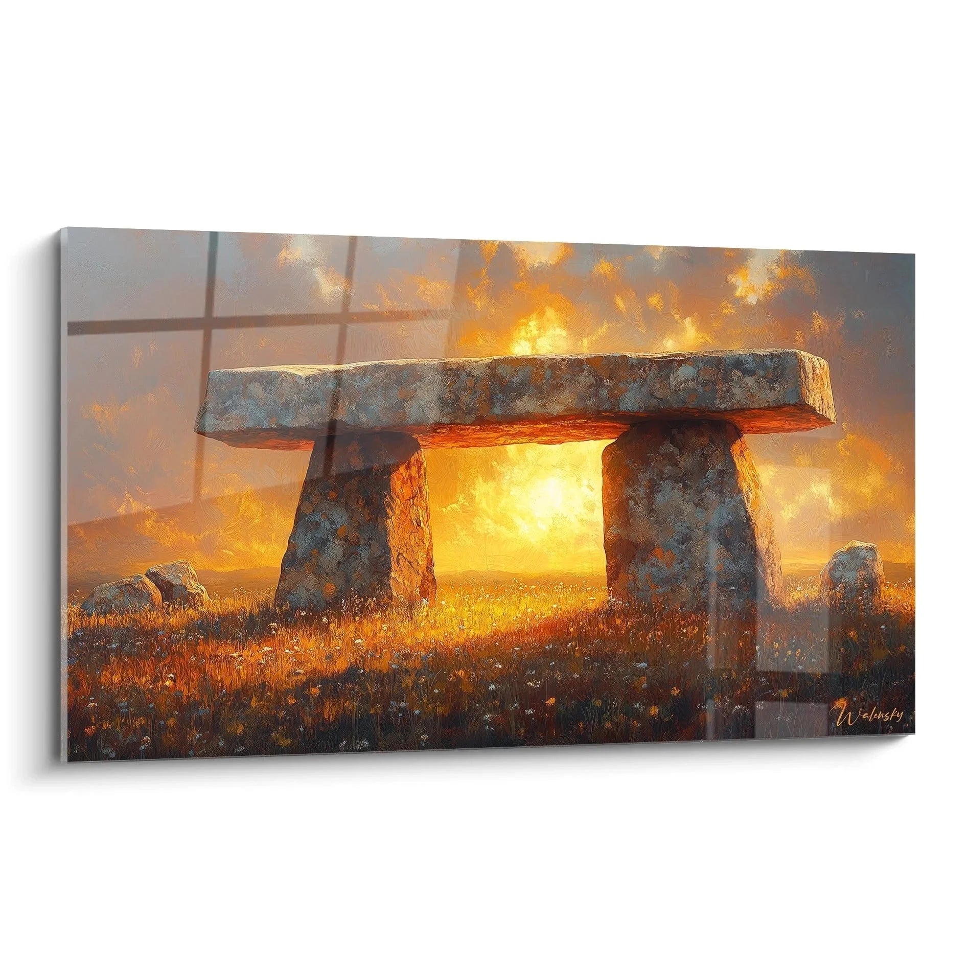 Wandbild Steinkreis Dolmen bei goldenem Sonnenaufgang, mystische Landschaft mit Megalithen