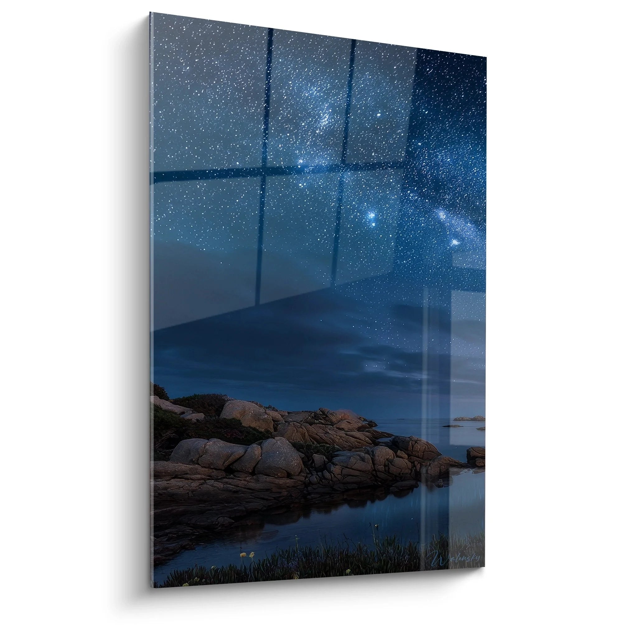 Wandbild Sternenhimmel Küste mit Milchstraße über Felsenbucht bei Nacht