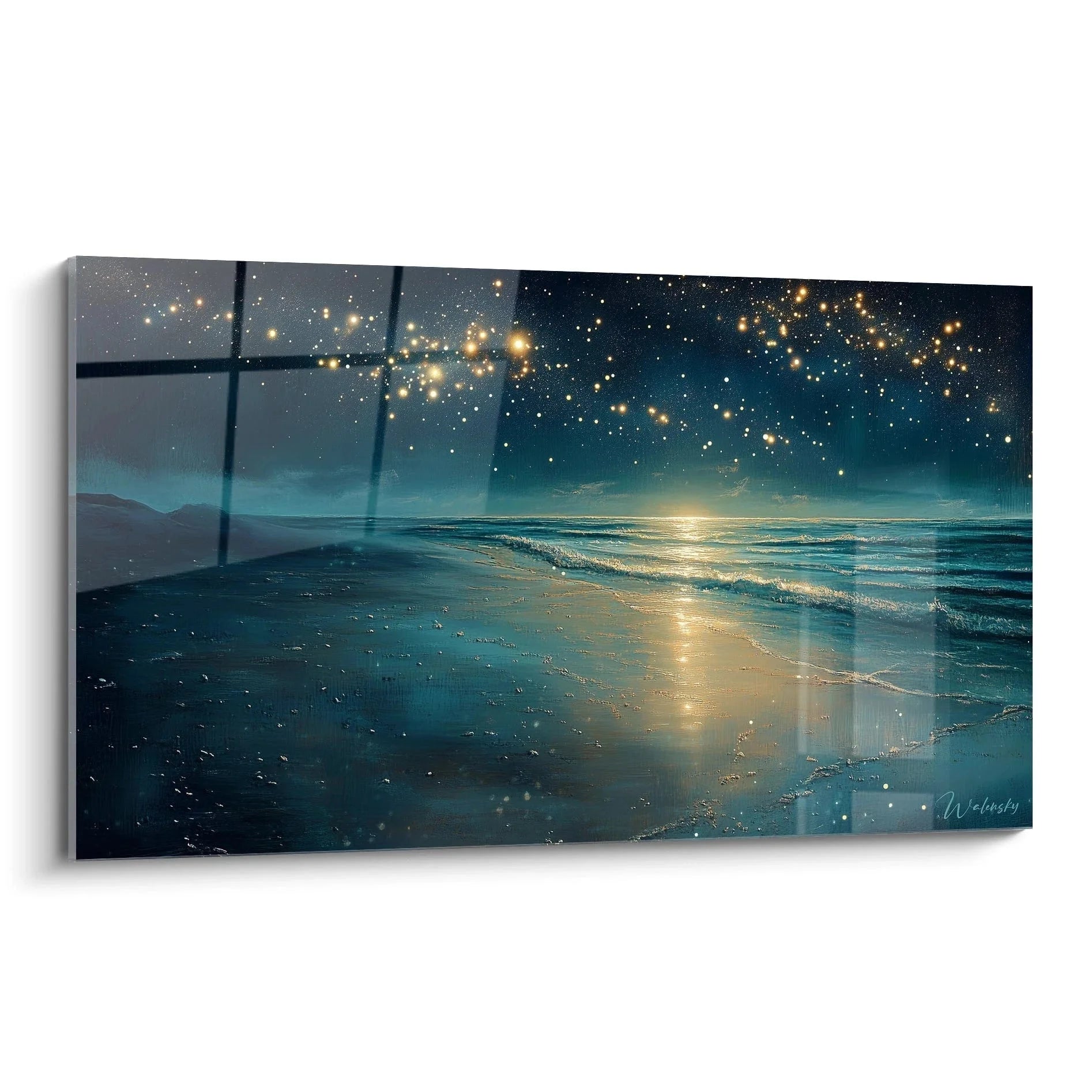Wandbild Sternenhimmel am Strand mit goldenen Sternen und Meeresreflexion bei Nacht