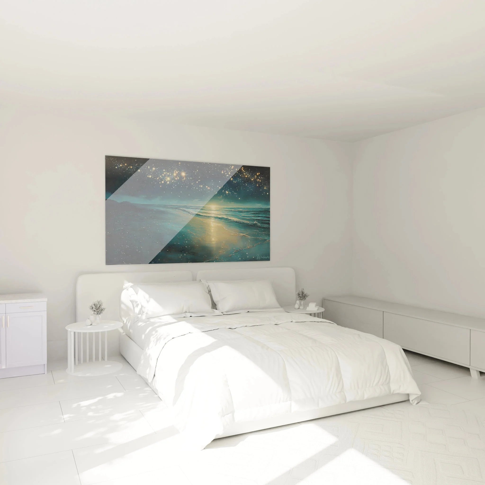 Wandbild Sternenhimmel Strand in modernem Schlafzimmer mit maritimer Dekoration