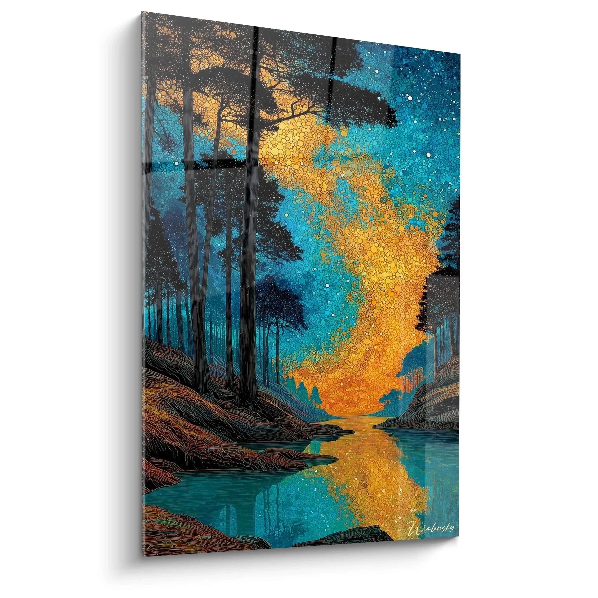 Wandbild Sternenhimmel Wald Pointillismus mit goldener Galaxie über Waldsee in Blau-Gold Farbtönen