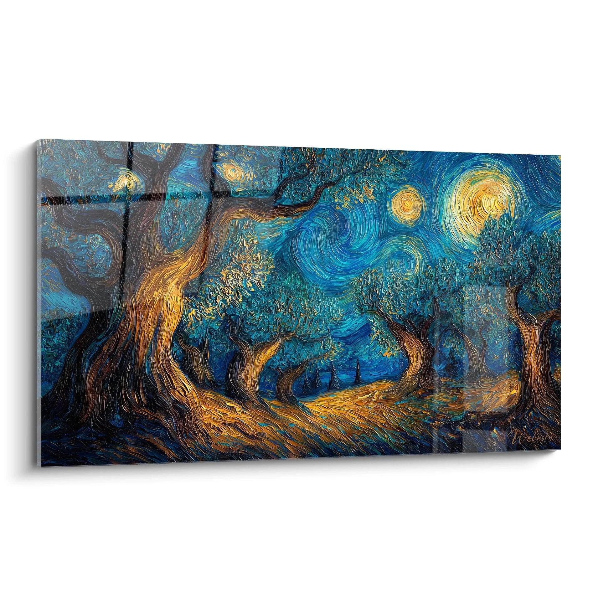 Wandbild Sternennacht Van Gogh Stil mit wirbelnden Sternen und mystischen Bäumen in Blau-Gold-Tönen