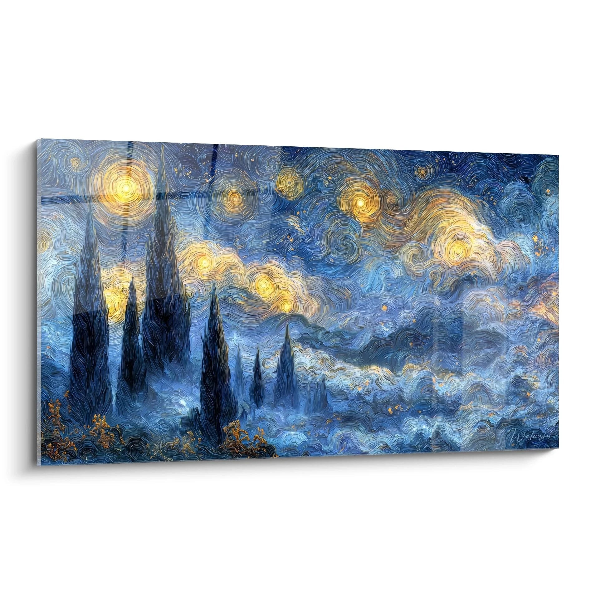 Wandbild Sternennacht im Van Gogh Stil mit wirbelnden Wolken, leuchtenden Sternen und dunklen Zypressen