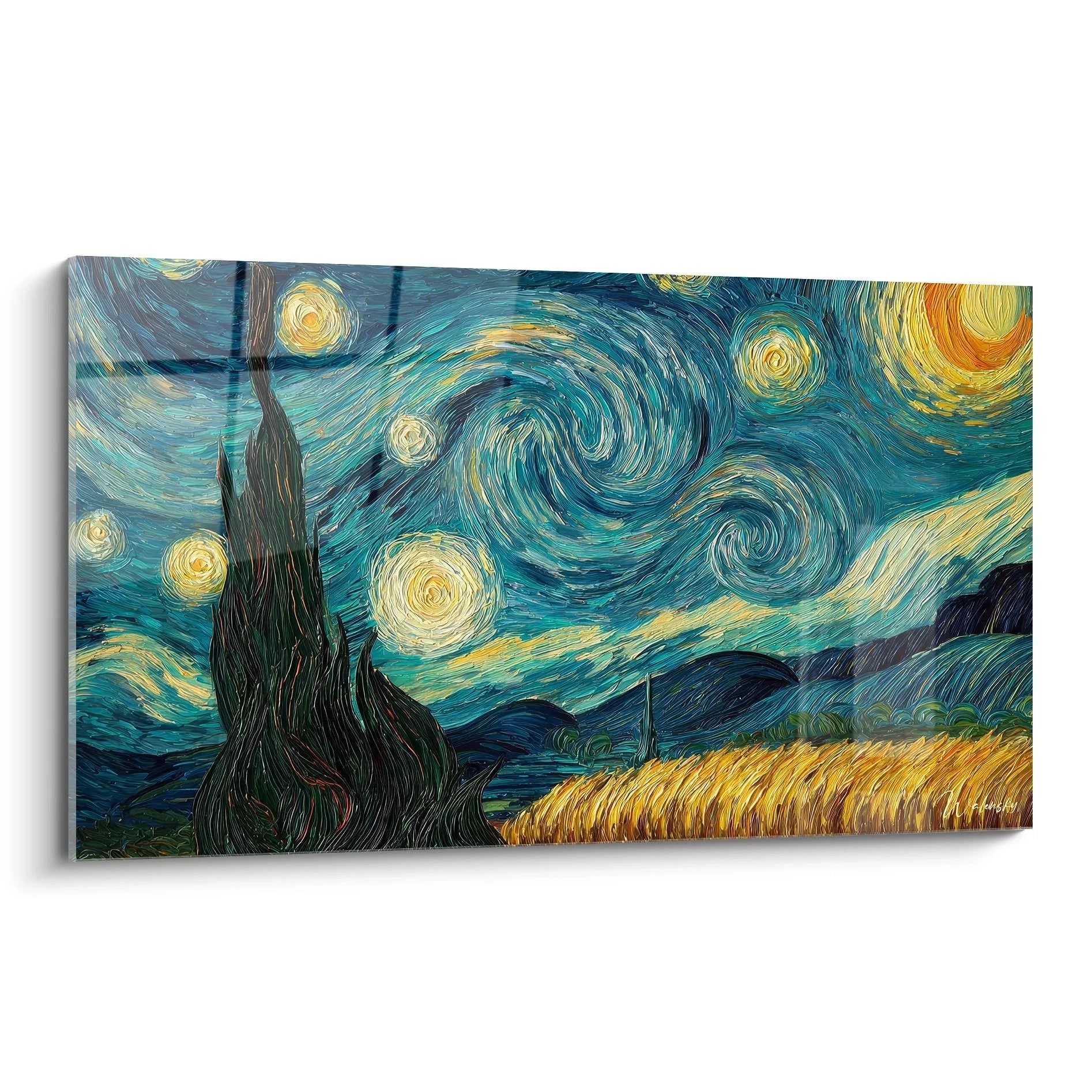 Wandbild Sternennacht mit wirbelnden Sternen und Zypresse in Blau-Gelb-Tönen als Kunstdruck