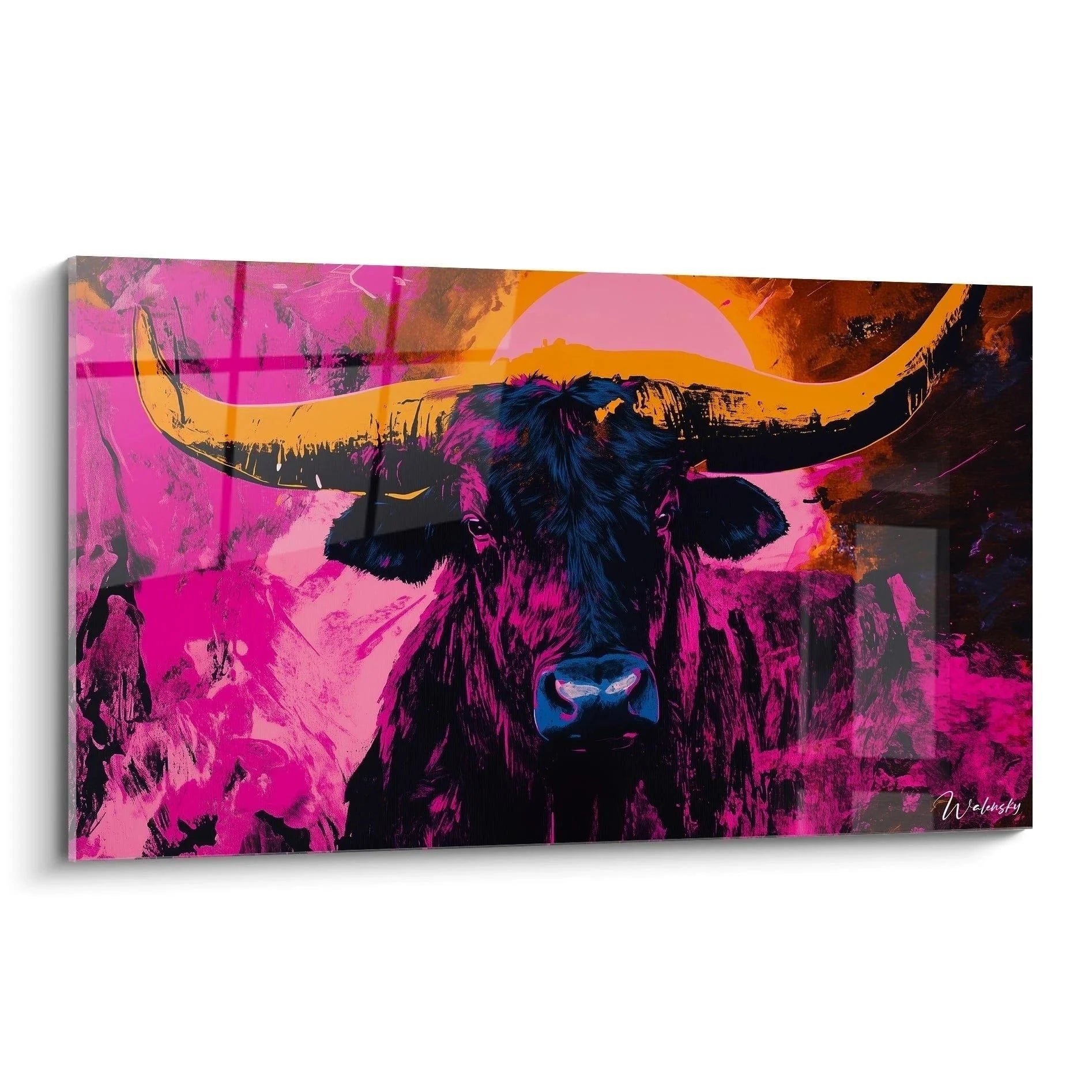 Wandbild Stier Farbexplosion Pink Orange - Edition Goya Pop-Art Kunstdruck mit Longhorn Motiv