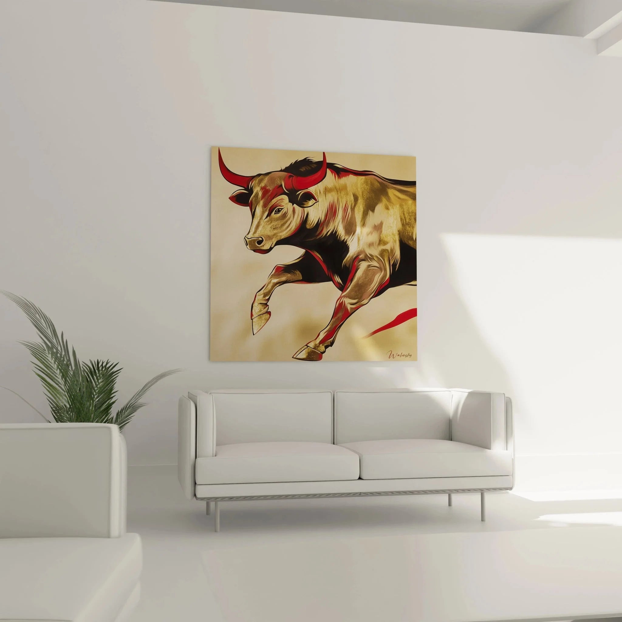 Nahaufnahme Wandbild Stier mit goldenen Details und roten Hörnern - Edition Stier