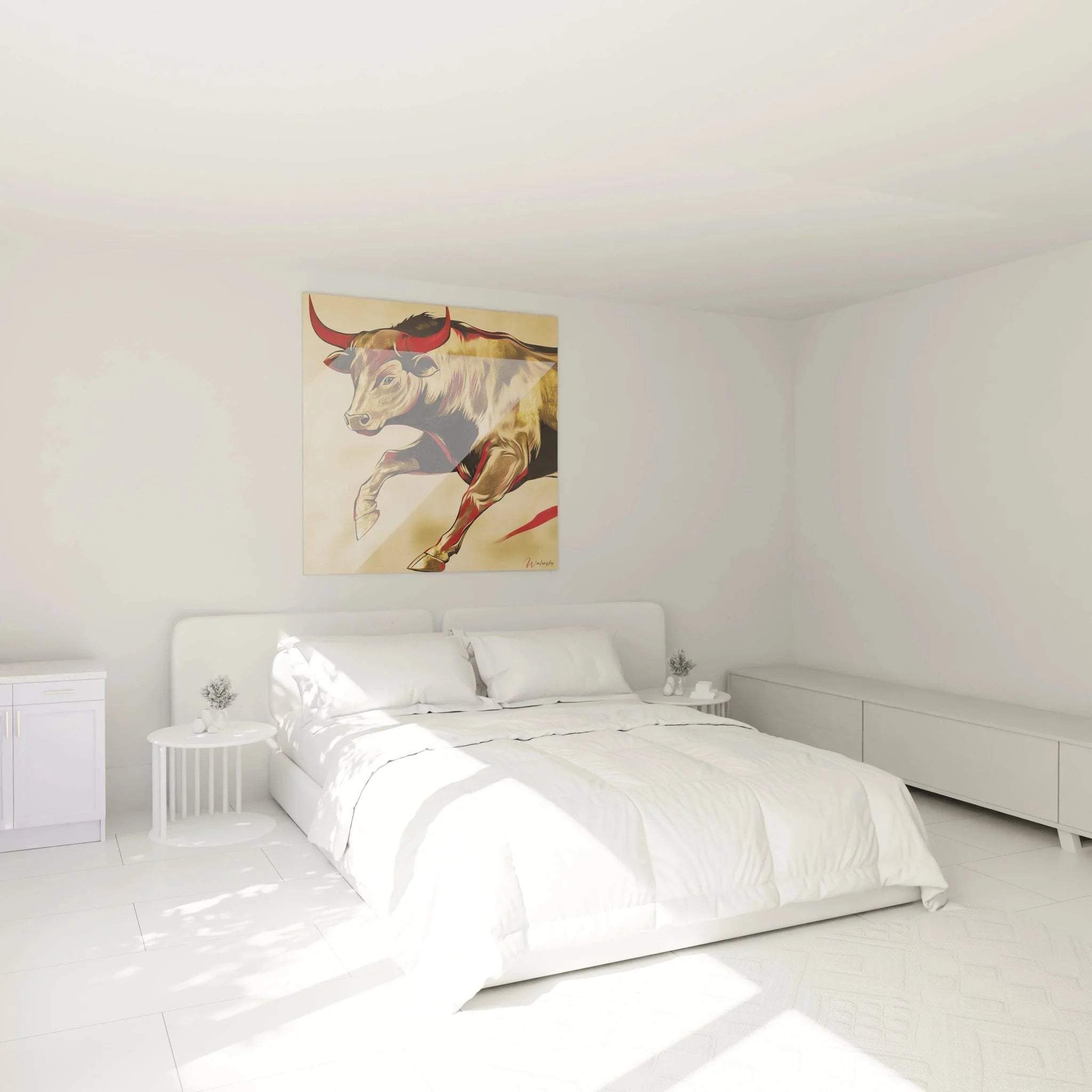 Wandbild XXL Stier springend als Schlafzimmer Dekoration in warmen Goldtönen