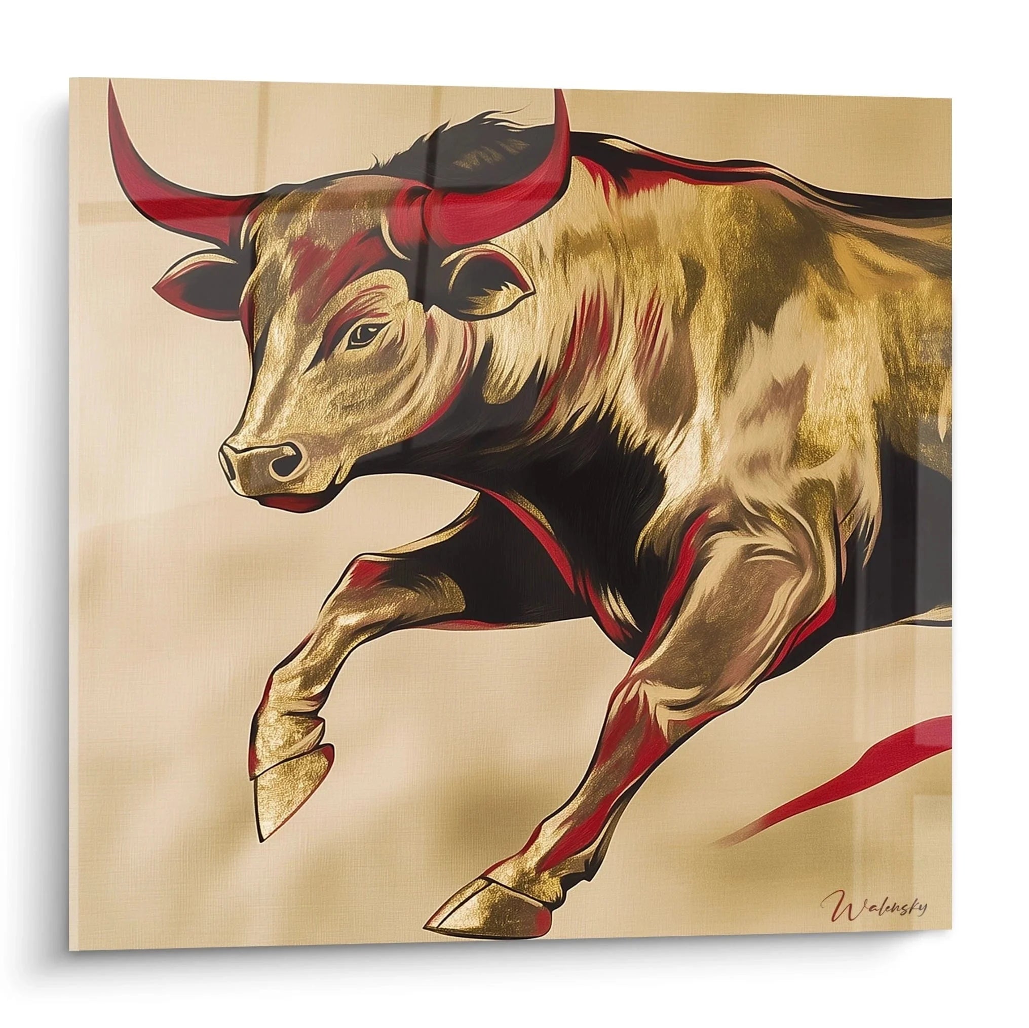 Wandbild Stier kraftvoll springend in goldenen Tönen - Edition Stier moderne Wandkunst