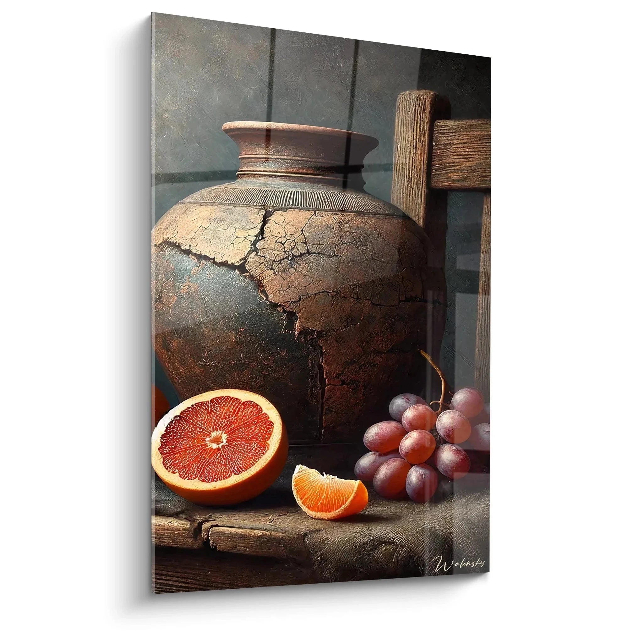 Wandbild Stillleben antiker gesprungener Krug mit Grapefruit und Trauben auf Holztisch