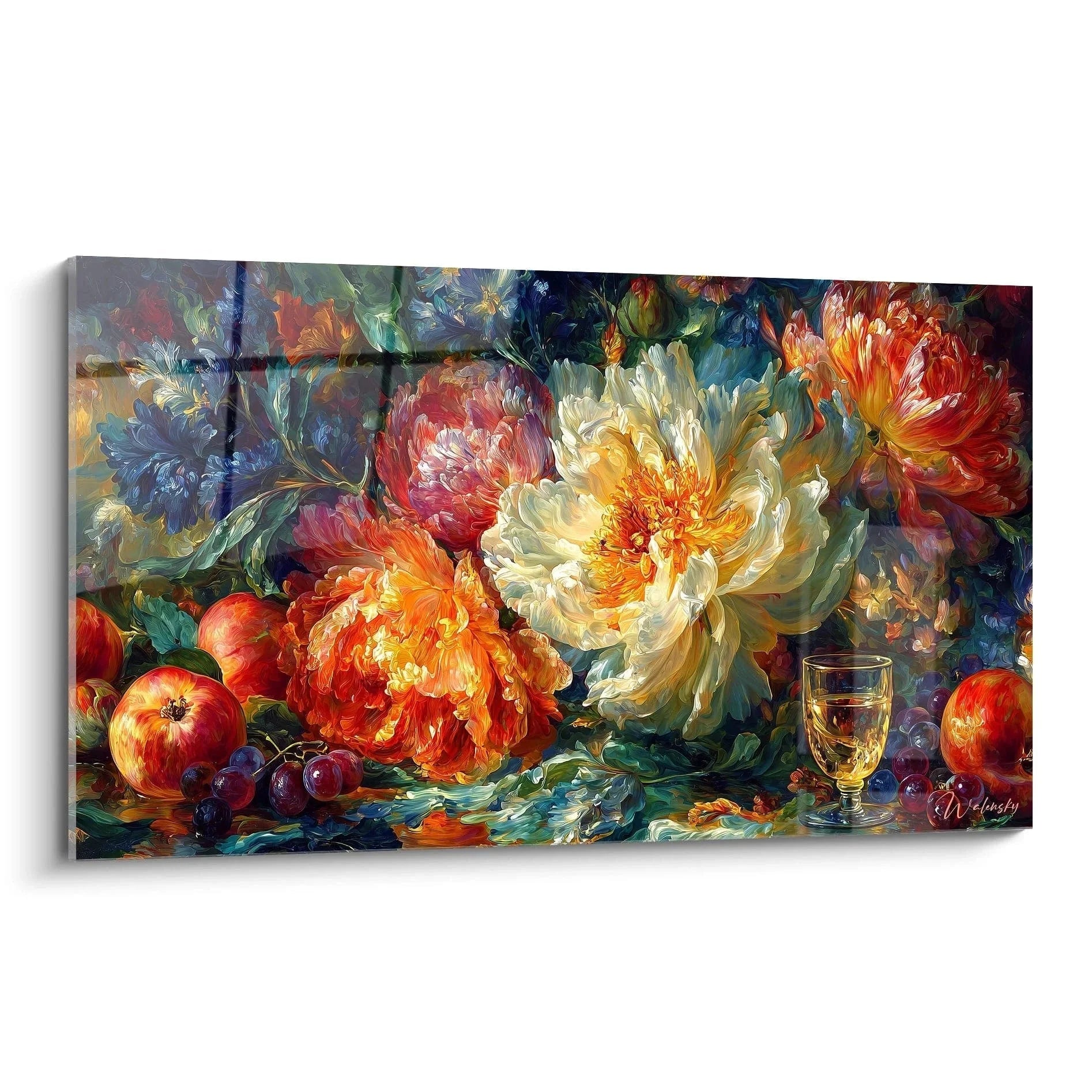 Wandbild Stillleben Barock mit Pfingstrosen und Früchten in warmen Farbtönen