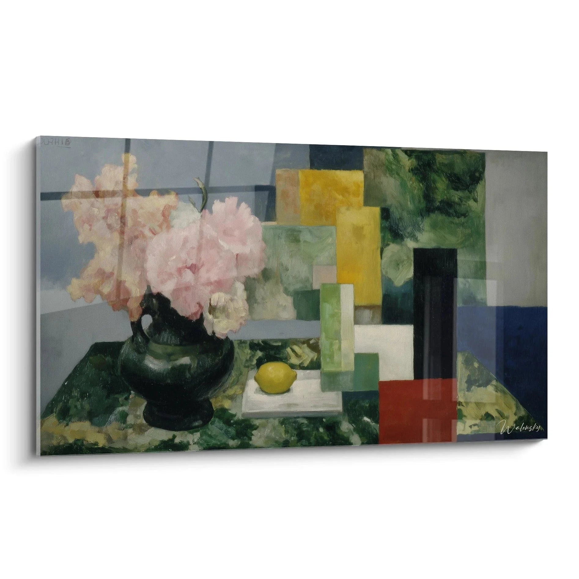 Wandbild Stillleben Dadaismus mit rosa Pfingstrosen in dunkler Vase und geometrischen Farbblöcken