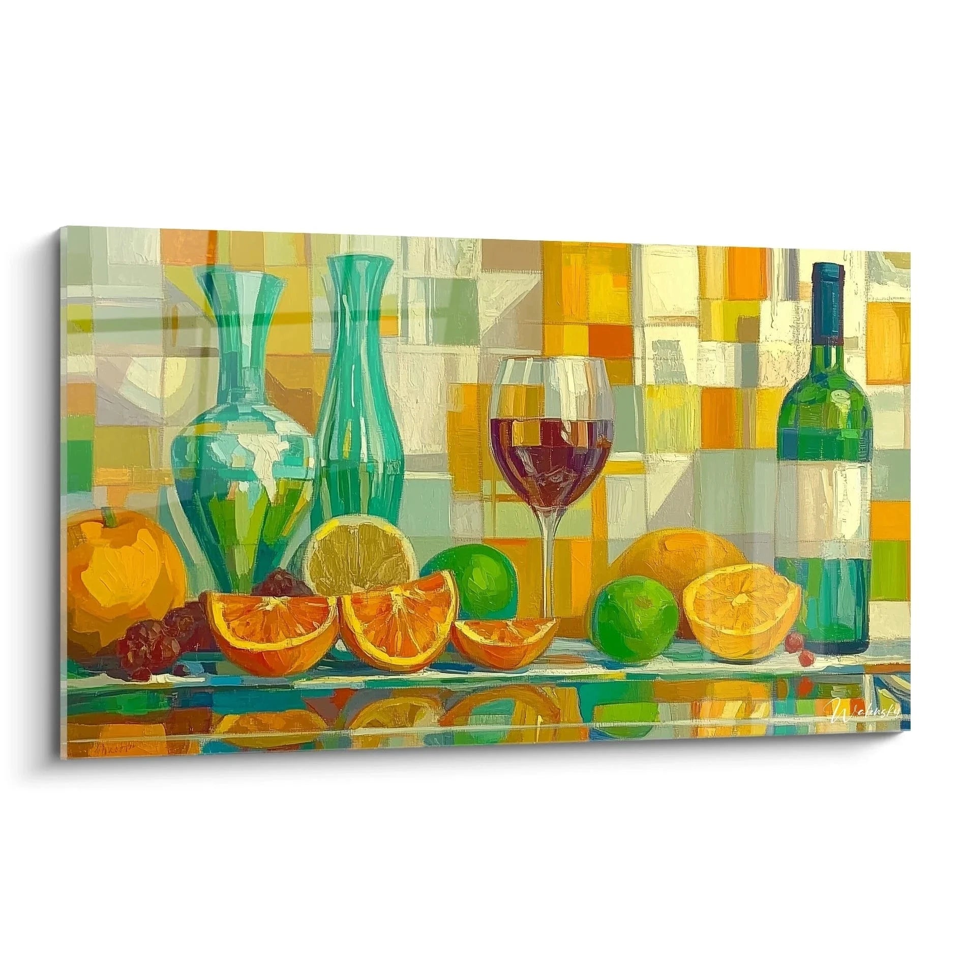 Wandbild Stillleben mit türkisen Glasvasen, Weinglas und bunten Früchten in modernem Mosaikstil