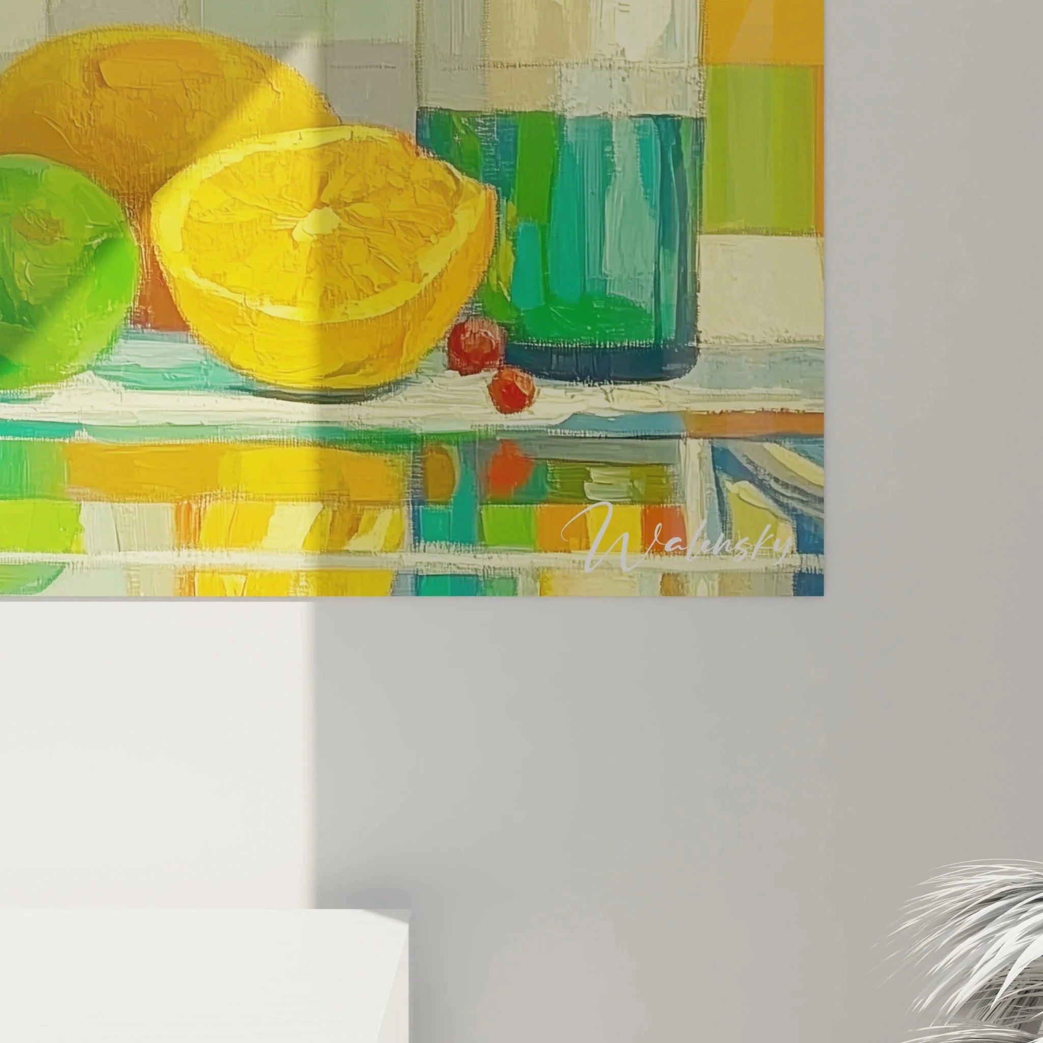 Gesamtansicht Wandbild Stillleben moderne Glaskunst mit Früchten und Wein für Wanddekoration