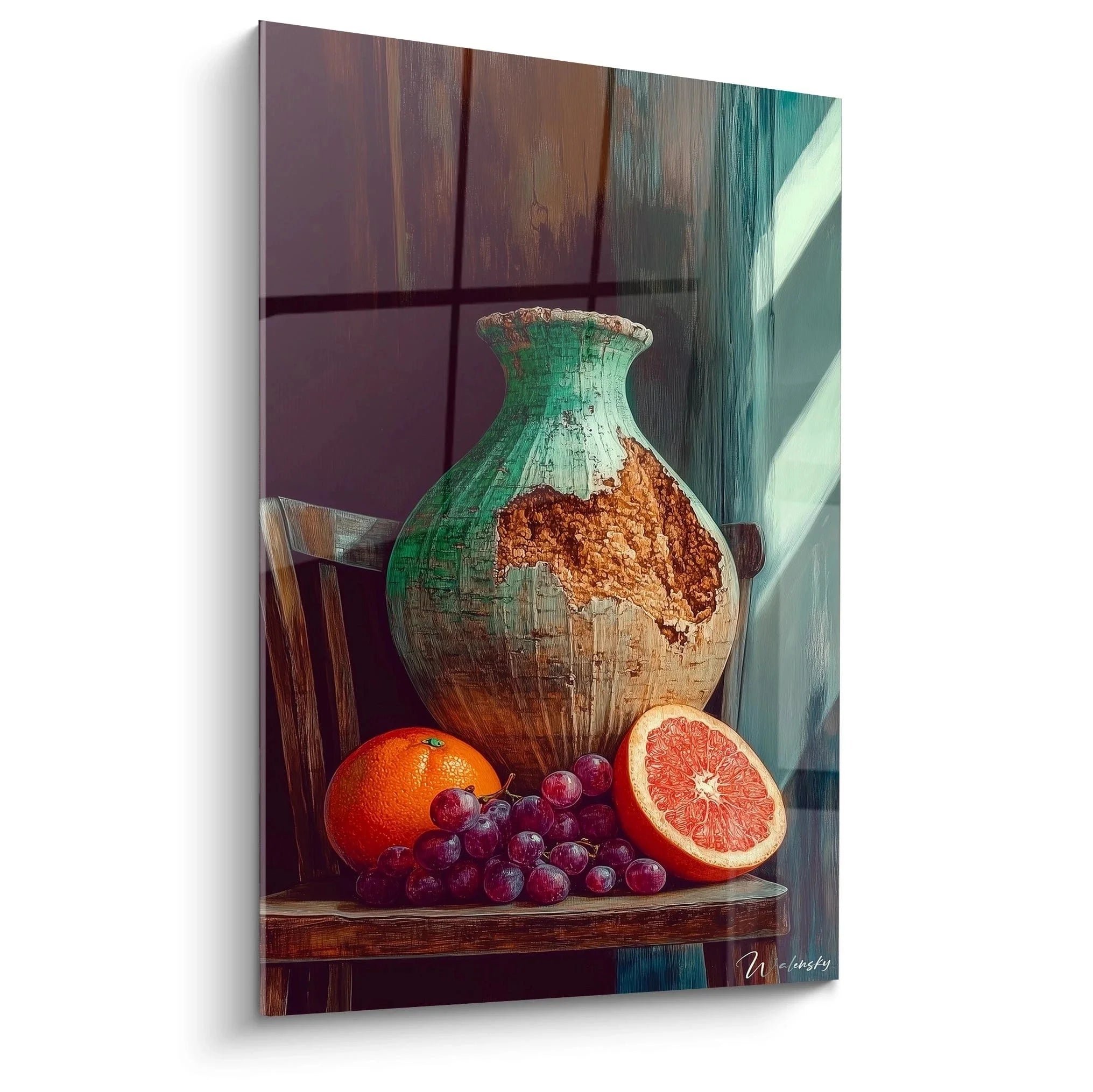 Wandbild Stillleben mit antiker Keramikvase und frischen Früchten auf Holztisch rustikale Kunst