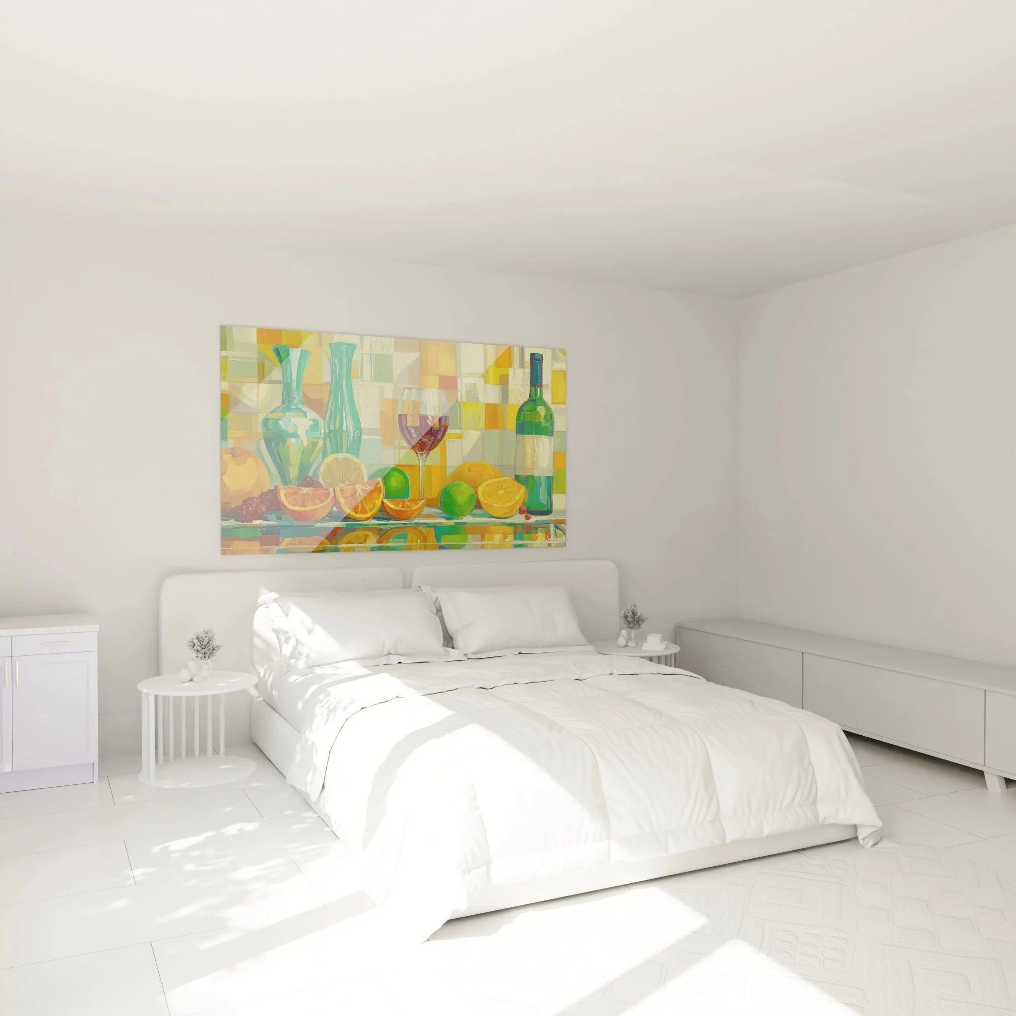 Wandbild Stillleben Früchte und Wein als elegante Schlafzimmer Dekoration in warmen Farbtönen