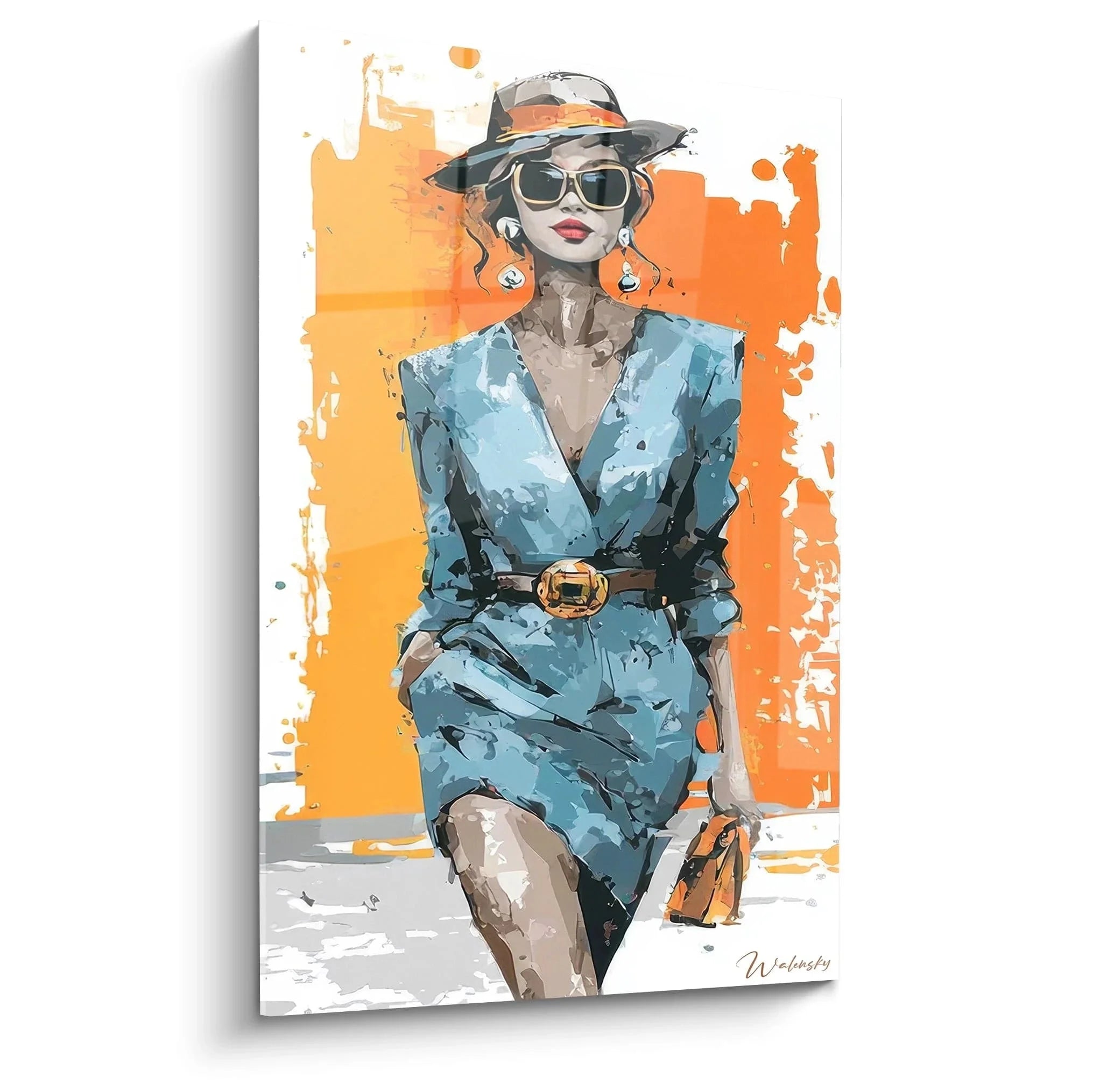 Wandbild stilvolle Frau in blauem Kleid mit Sonnenbrille und Hut - Mode Illustration XXL
