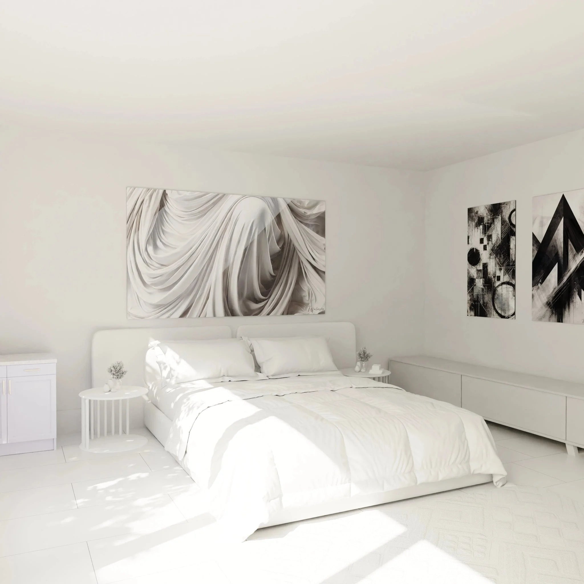 Schlafzimmer Ambiente mit Wandbild abstrakte Stofffalten über dem Bett, minimalistische Einrichtung