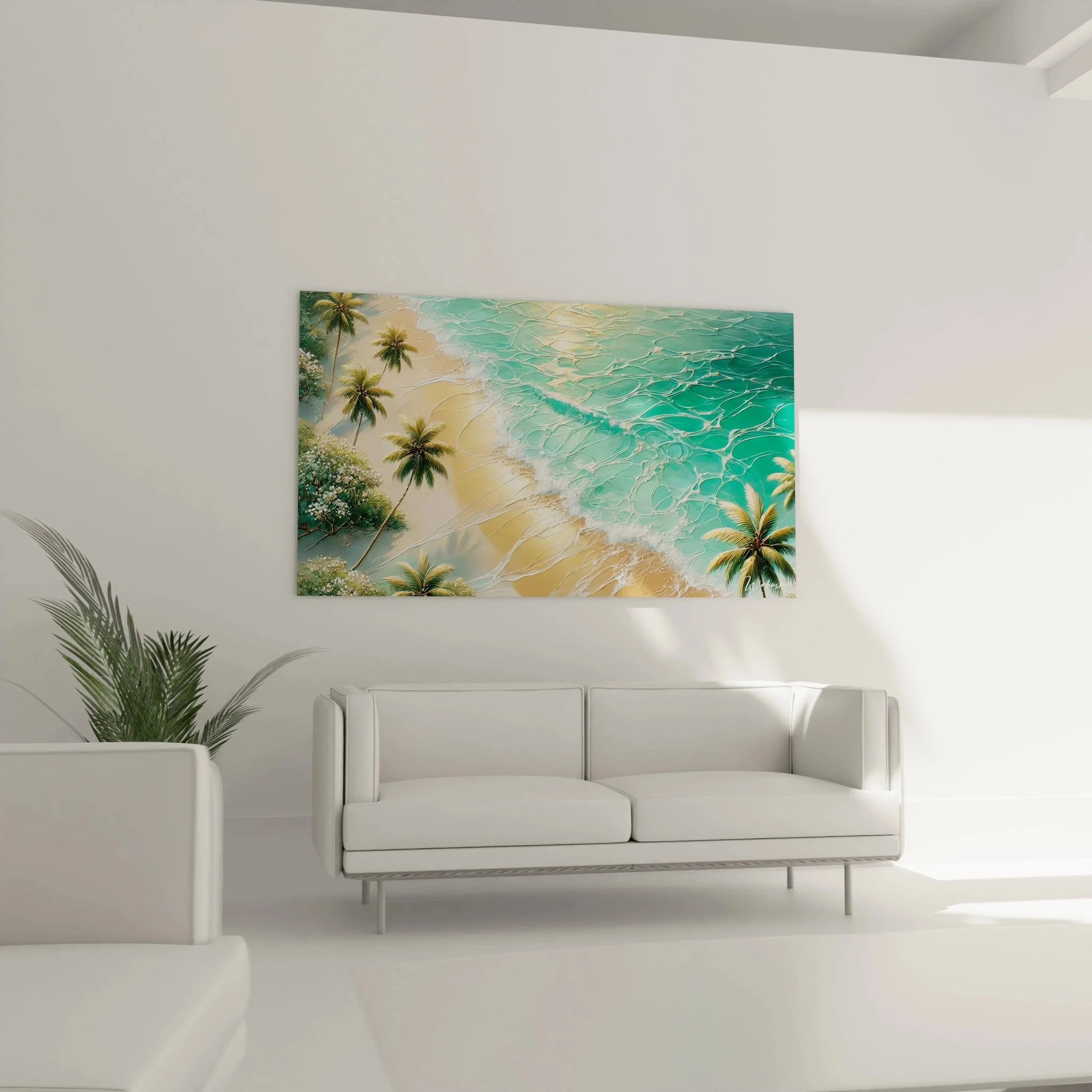 Detailansicht Wandbild Strand - Strukturierte Pinselstriche Wasser und tropische Vegetation Nahaufnahme