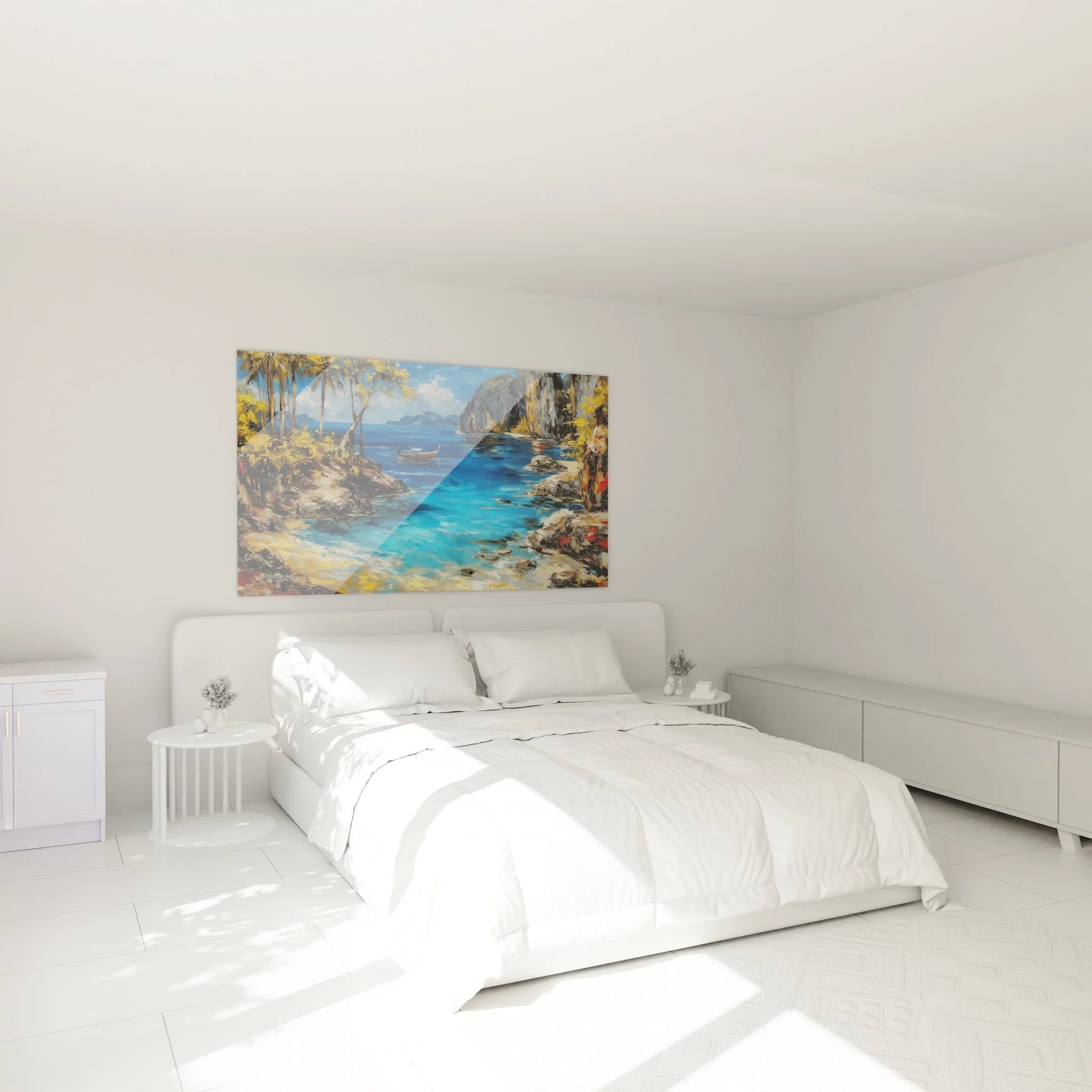 Wandbild Küstenparadies in modernem Schlafzimmer - mediterrane Strand-Atmosphäre als Wanddekoration