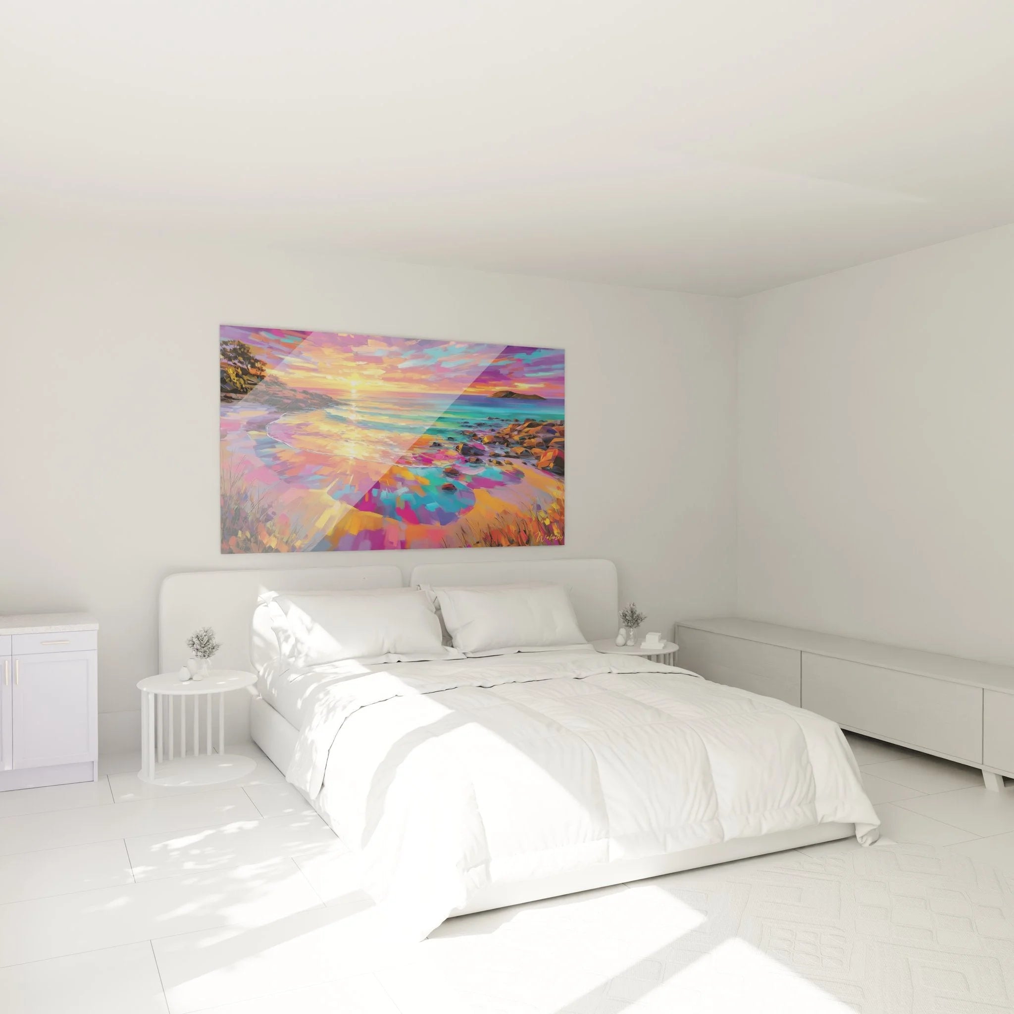 Modernes Wandbild Strand Sonnenuntergang in elegantem Schlafzimmer Ambiente