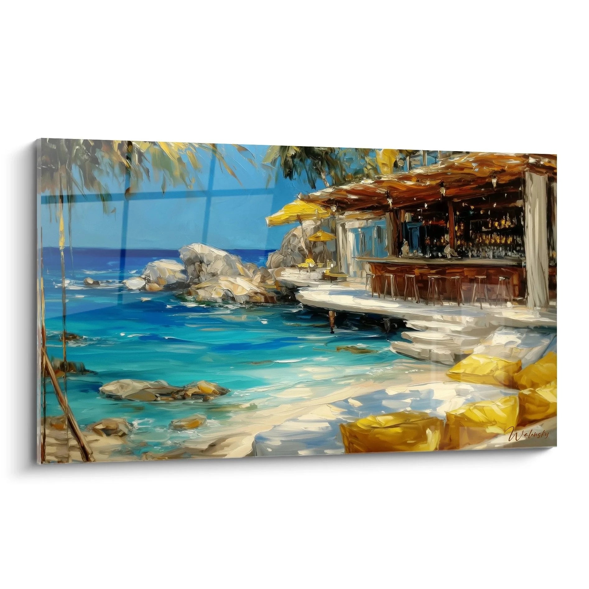 Wandbild Strandbar mediterran mit türkisblauem Meer und Palmen - Küstenparadies Wanddekoration