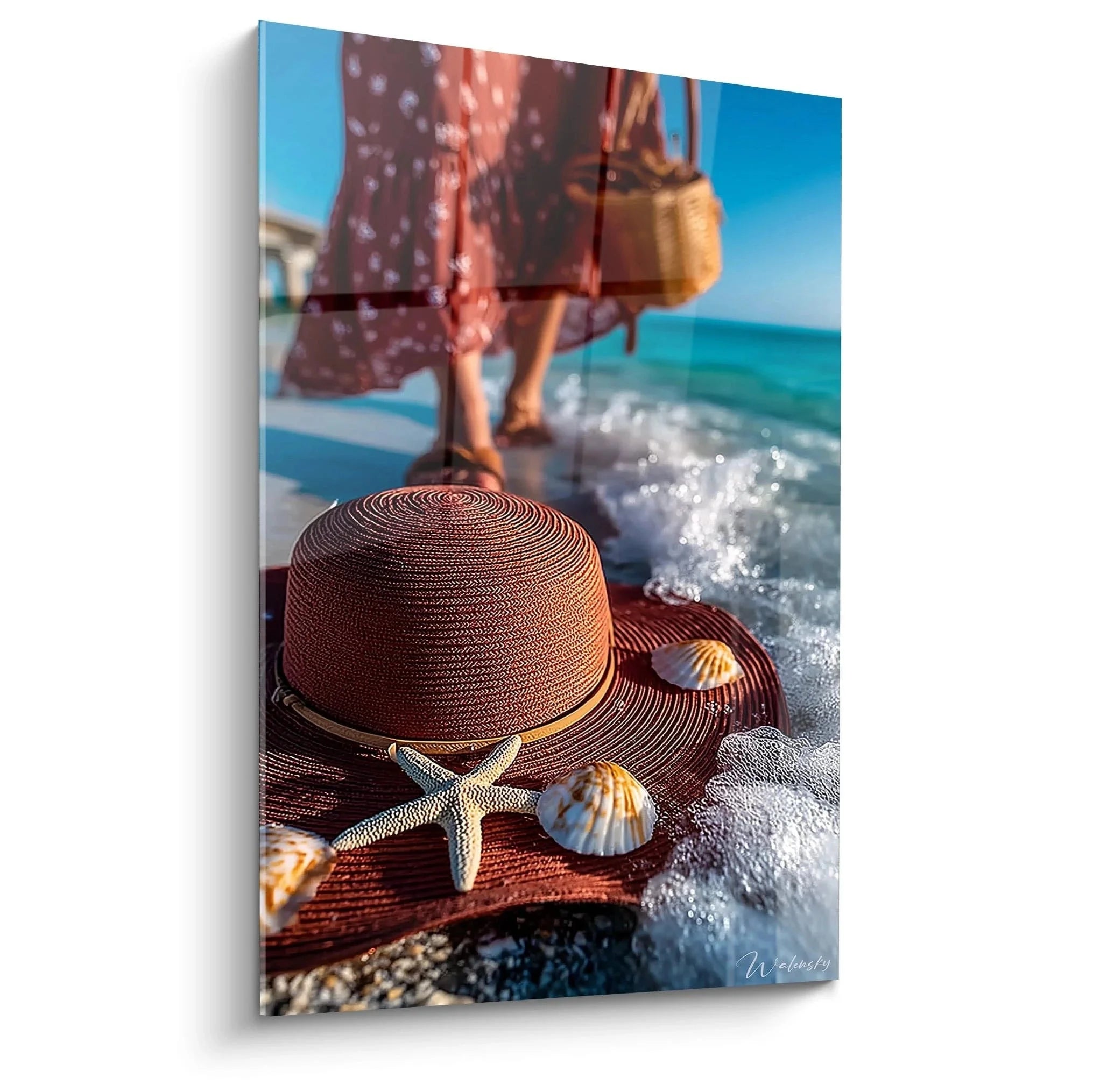 Wandbild Strandhut mit Muscheln und Seestern vor Meerhintergrund - Edition Sommer maritime Dekoration