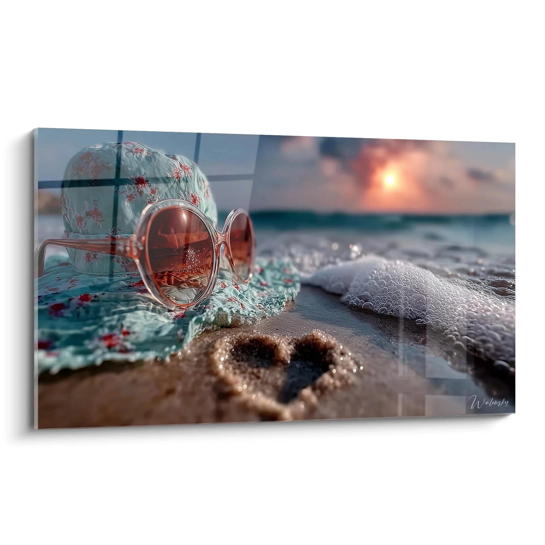 Wandbild Strandzubehör mit rosa Sonnenbrille und Blumenhut am Meeresstrand, Edition Sommer