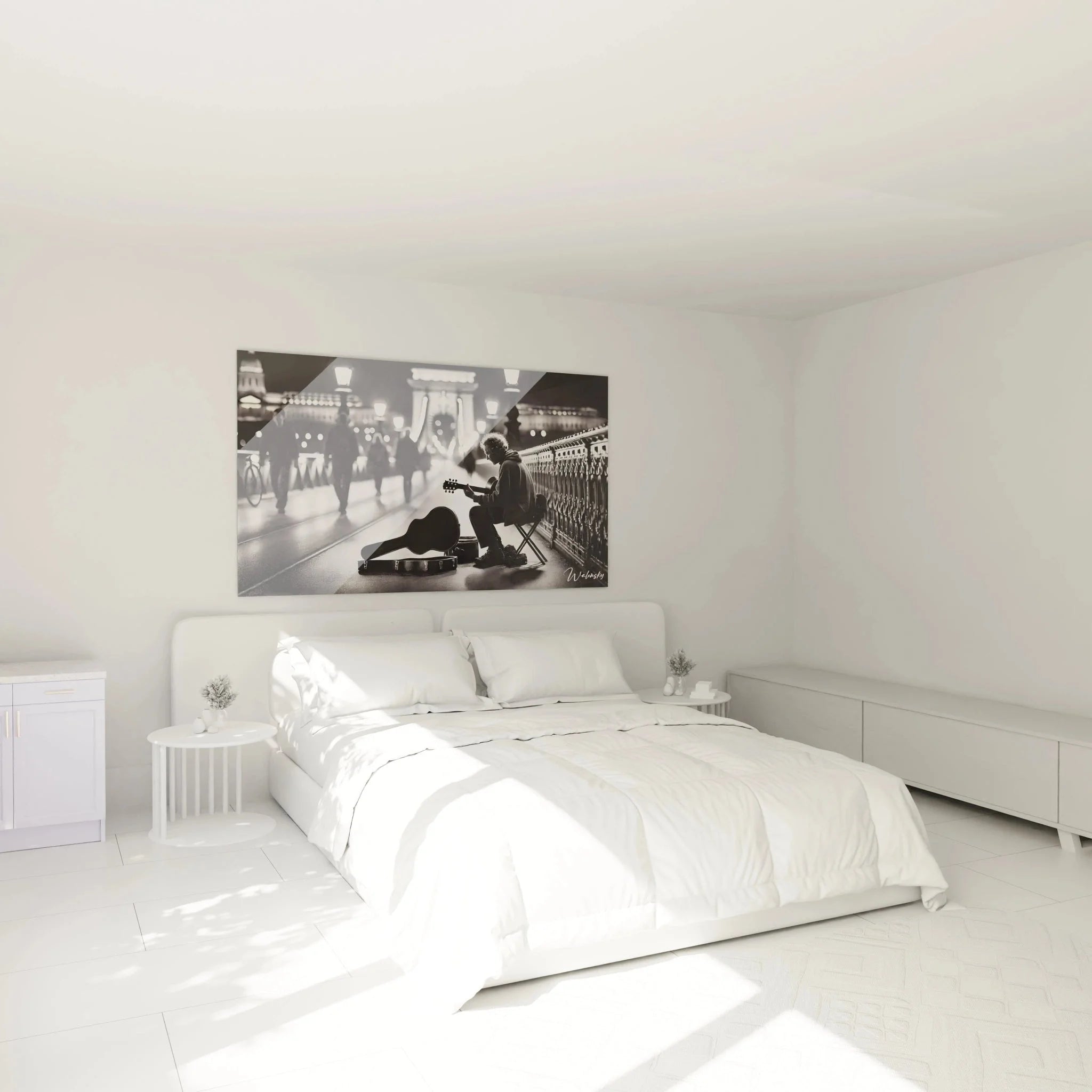 Wandbild Straßenmusiker in Schlafzimmer Ambiente, schwarz-weiß Dekoration, moderne Wandgestaltung