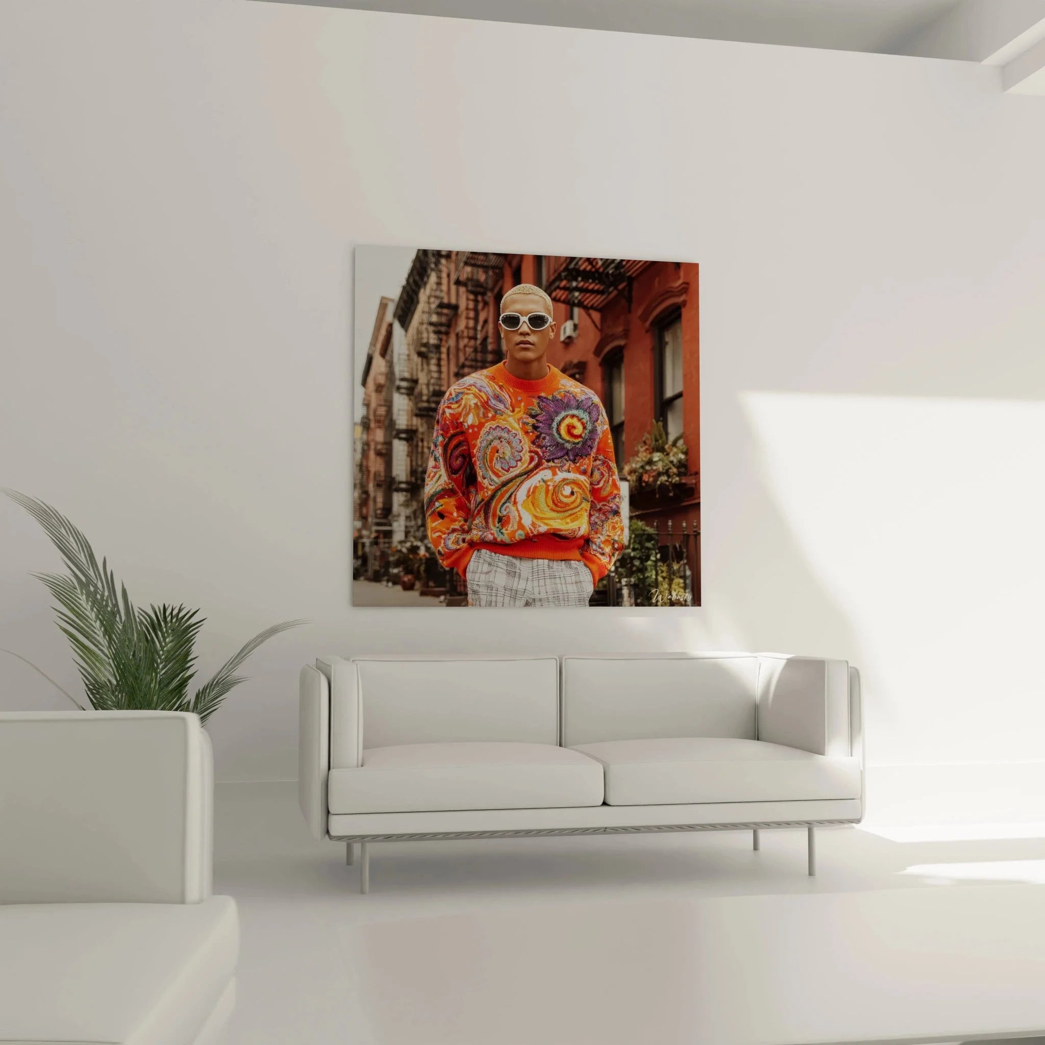 Detailaufnahme Wandbild Streetwear mit farbenfrohem Pullover und psychedelischen Mustern