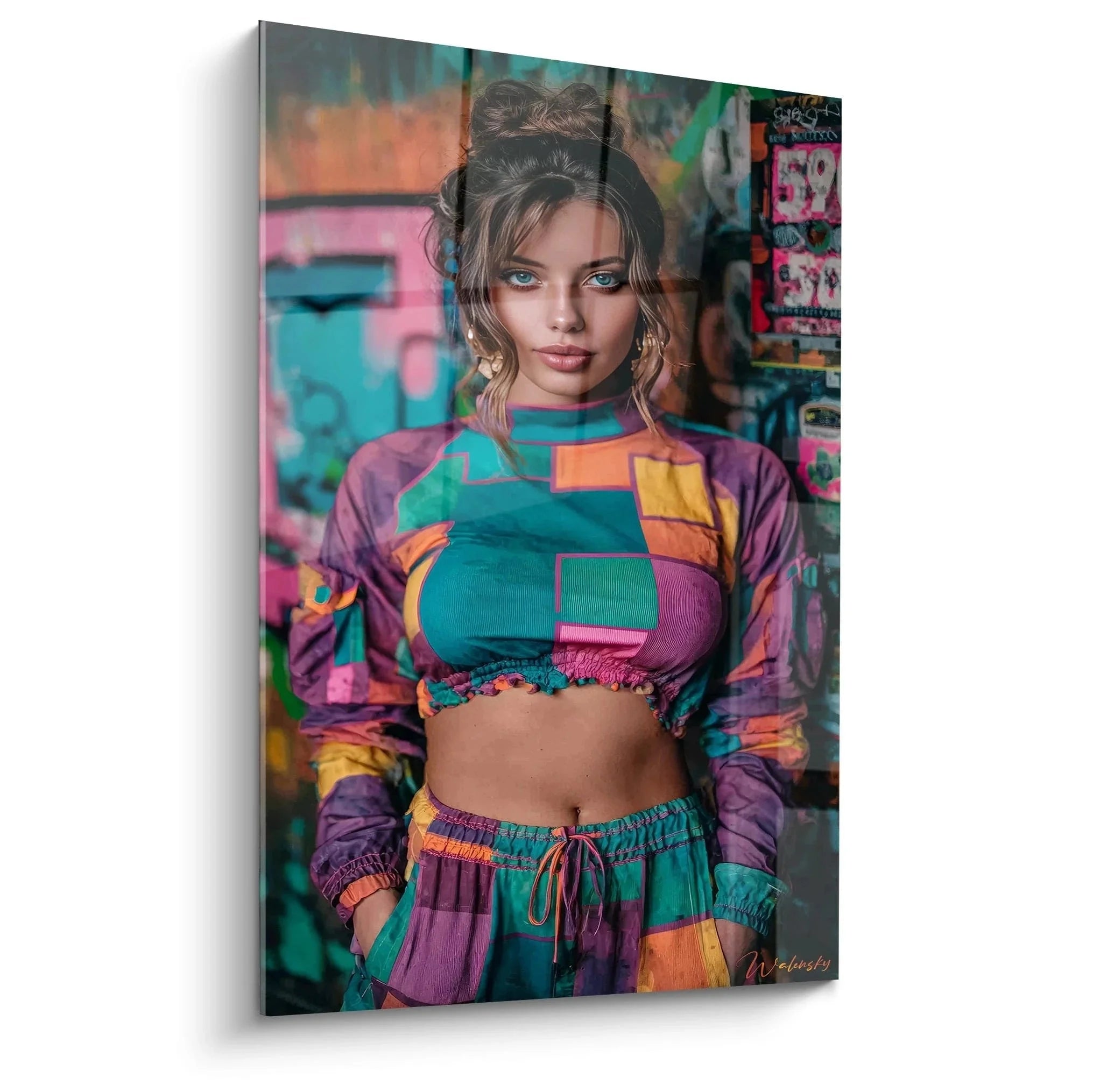 Wandbild Streetwear Fashion Model in bunter Kleidung vor Graffiti Hintergrund - Edition Streetwear