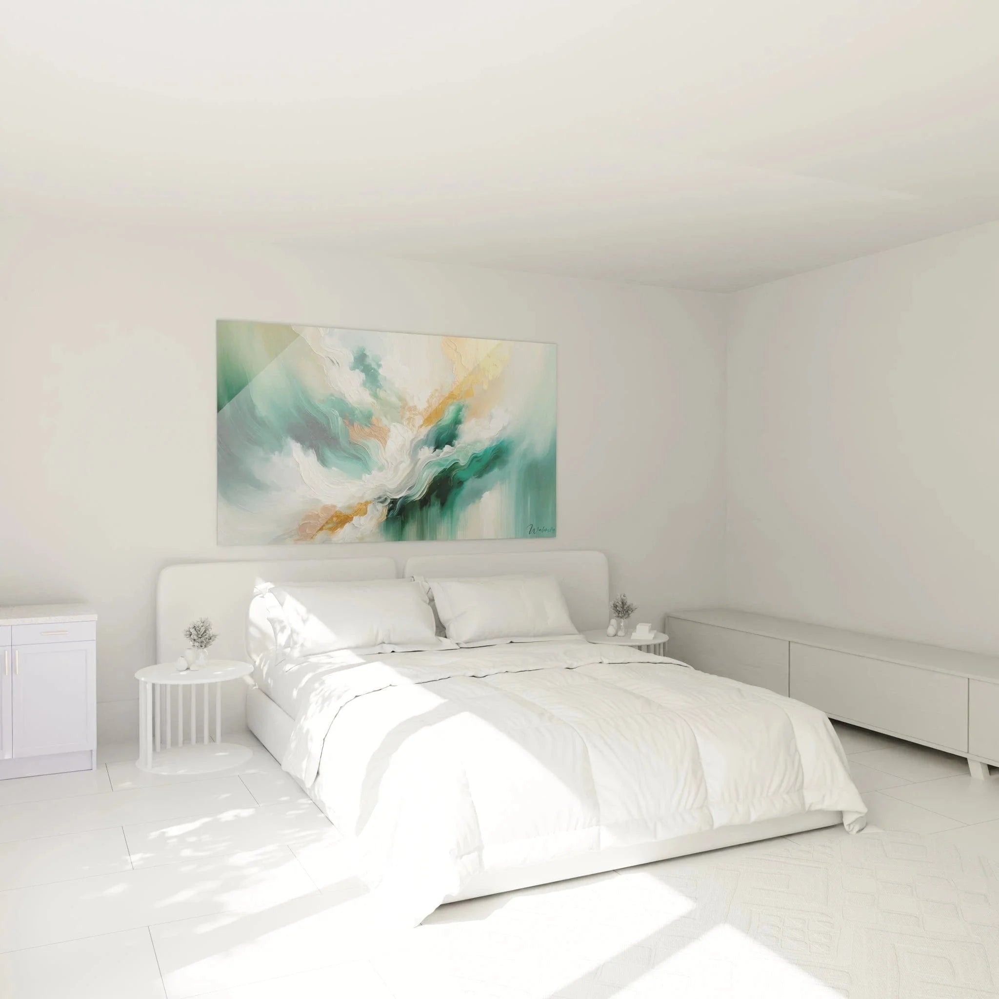 Abstraktes Wandbild Strömungen in Schlafzimmer Ambiente mit türkis goldenen Farbtönen