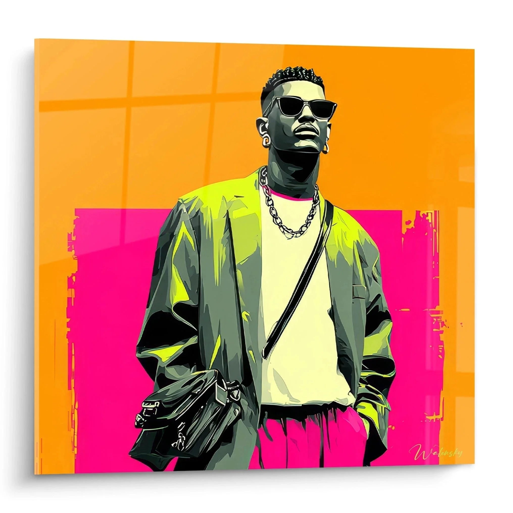 Wandbild stylischer Mann mit Sonnenbrille in Neon-Grün Jacke, Pop Art Style, Orange Magenta Hintergrund