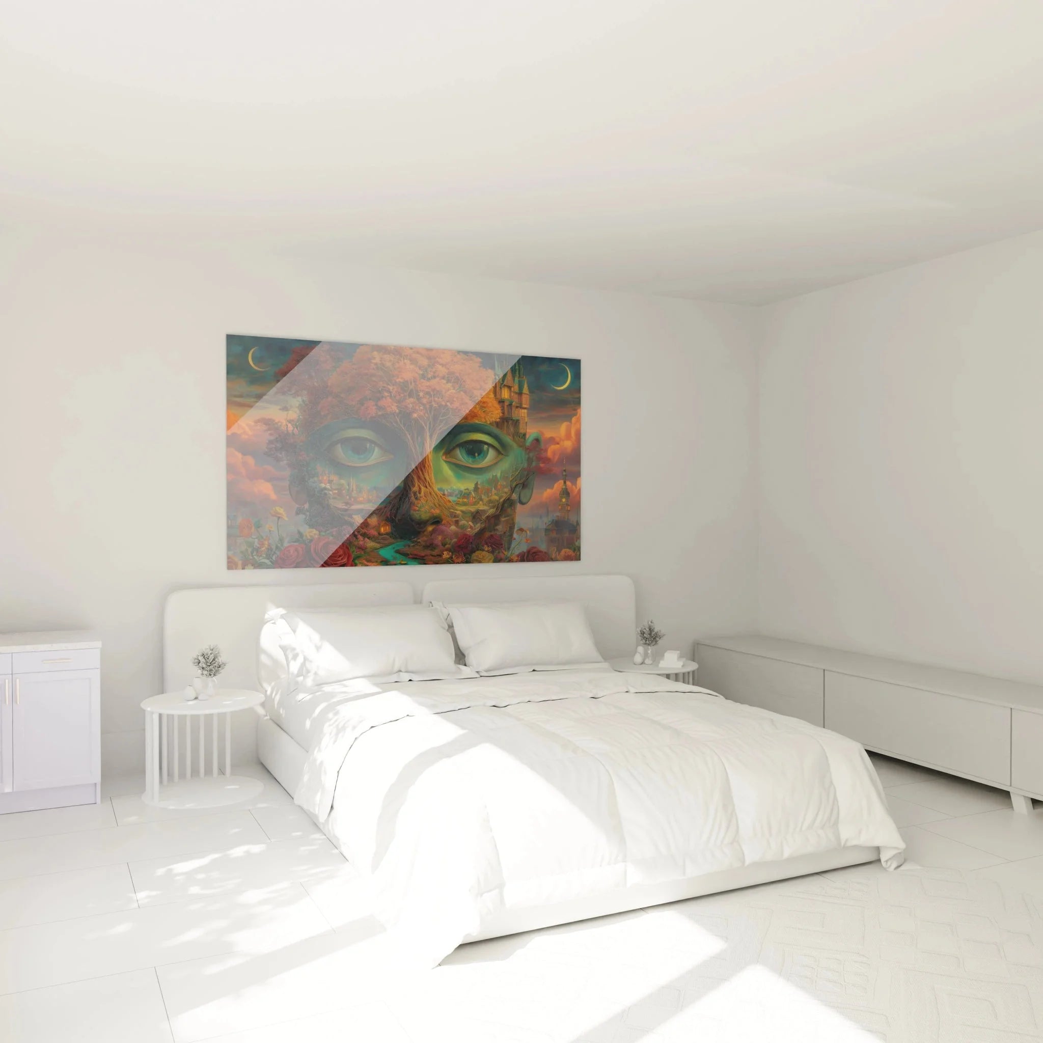 Wandbild surreales Gesicht mit Baum in modernem Schlafzimmer, XXL Format, warme Orange und Türkis Farbtöne