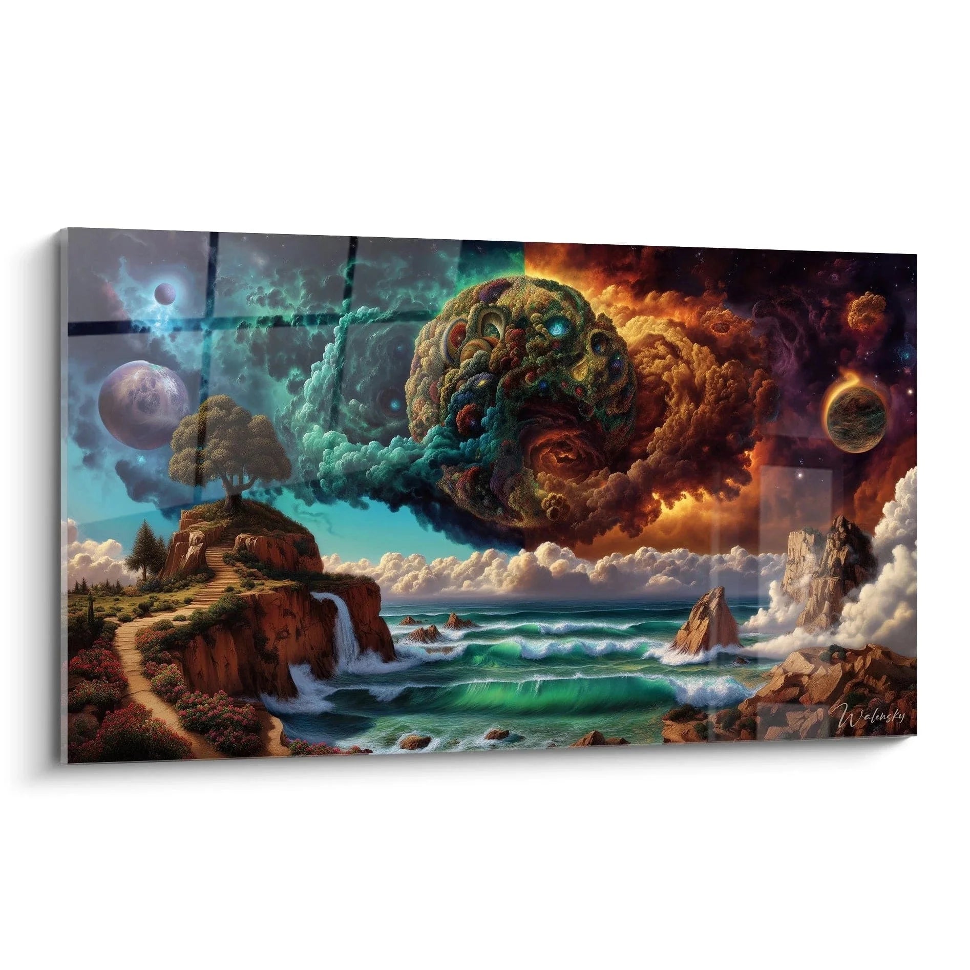 Surreales Wandbild mit kosmischer Landschaft zwischen Himmel und Meer, Edition Surrealismus