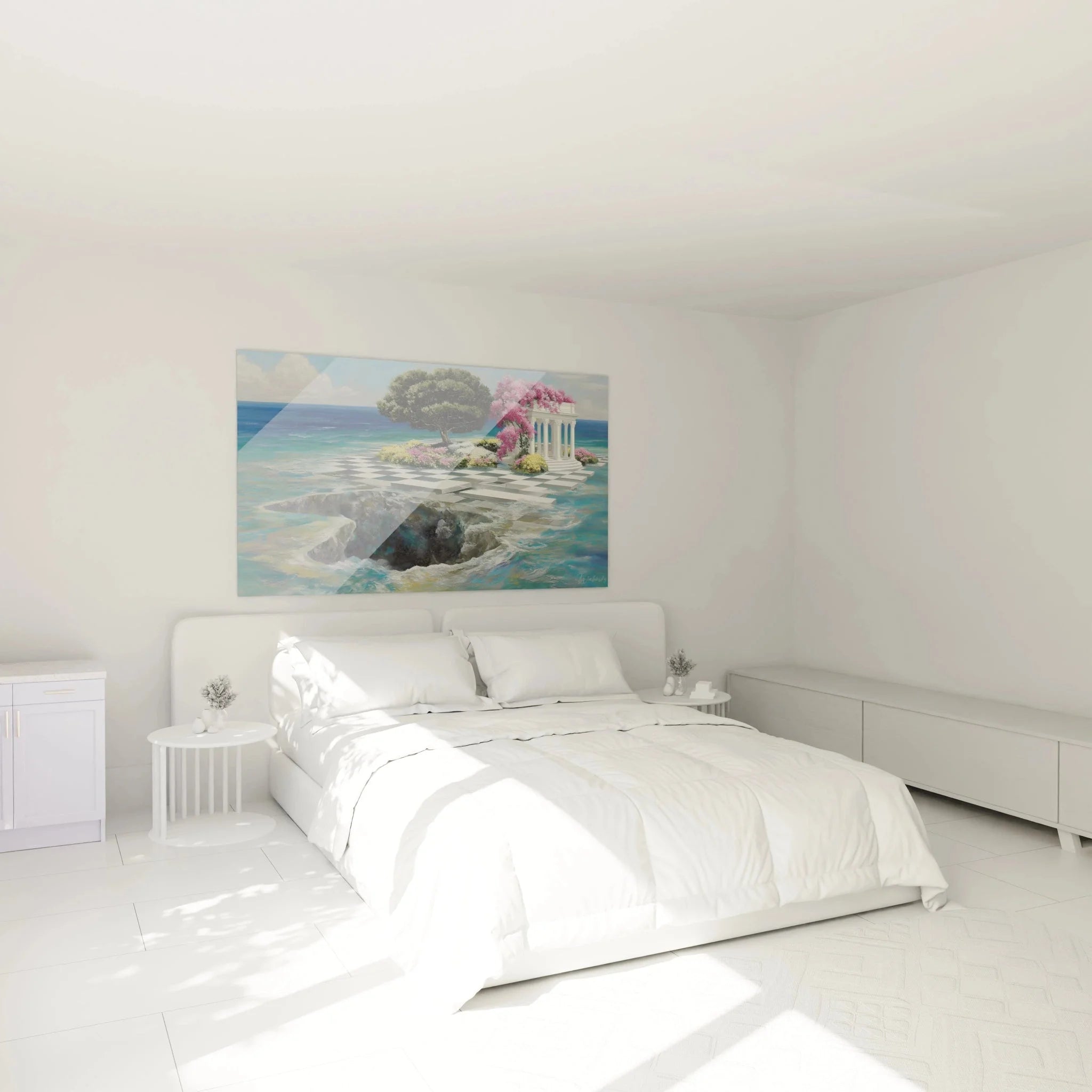 Wandbild surreale Meereslandschaft als elegante Wanddekoration im modernen Schlafzimmer aufgehängt