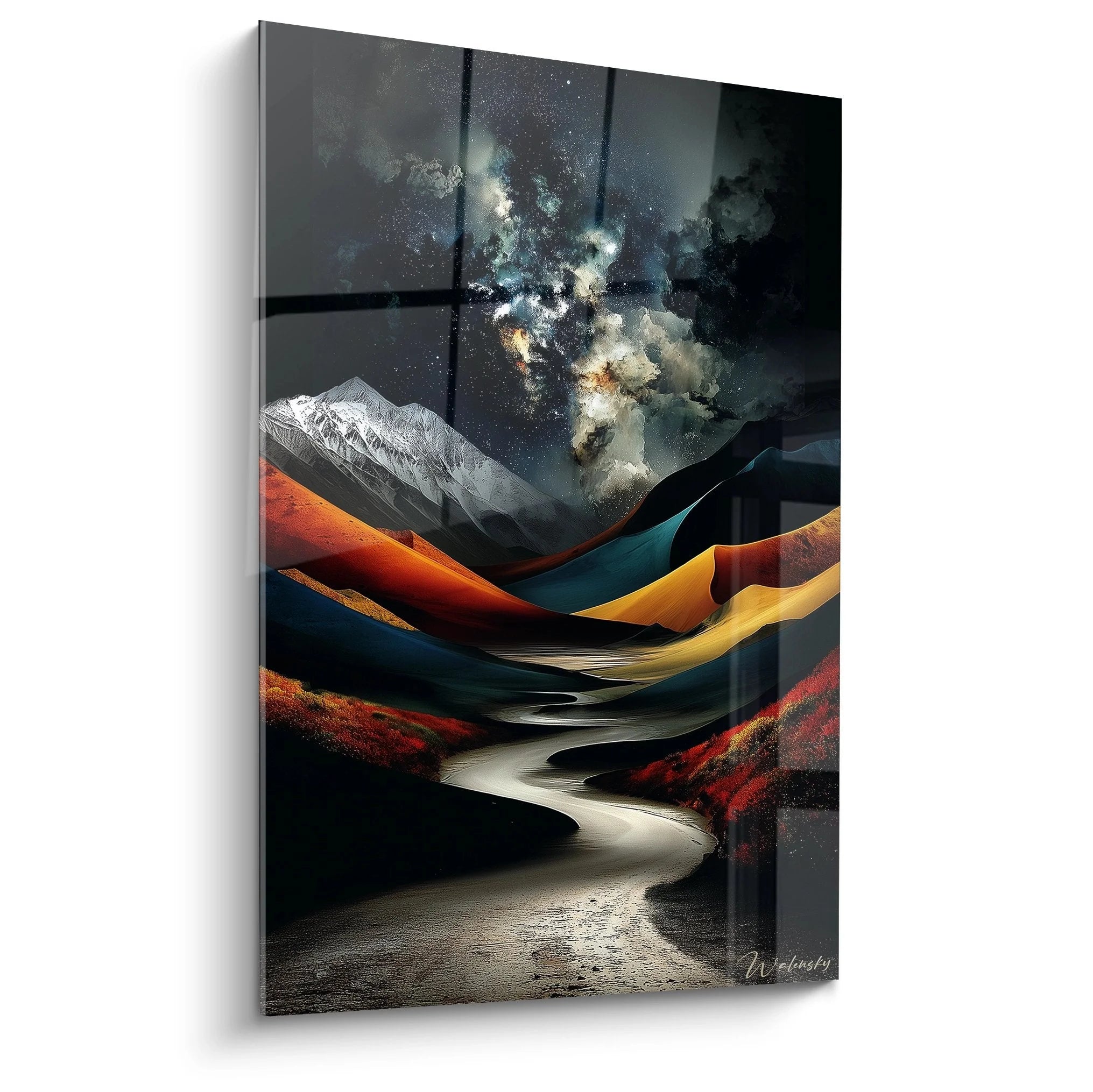 Wandbild surreale Wüstenlandschaft mit Sternenhimmel und fließenden Lavaformen in Orange Gold