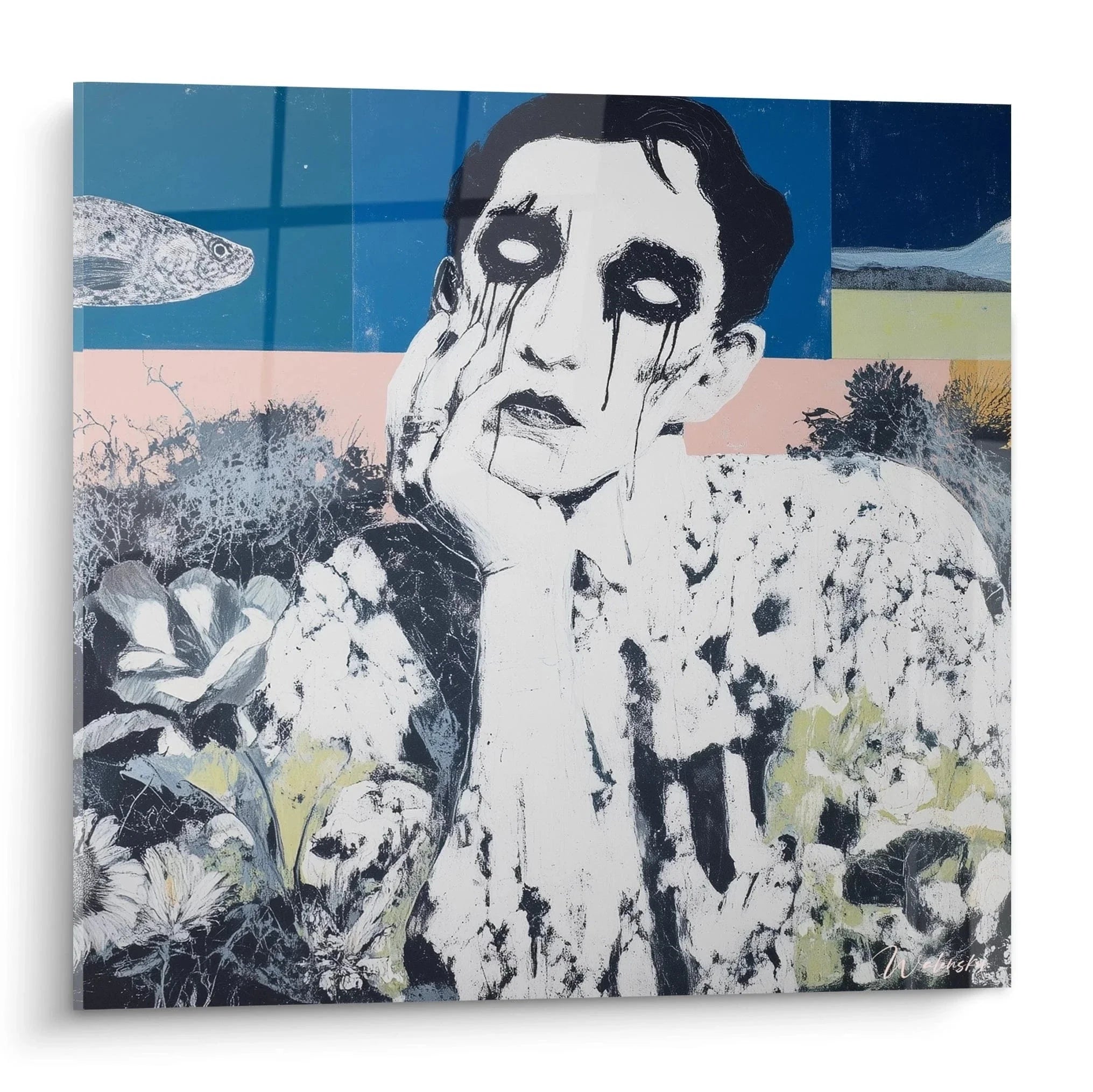 Wandbild surrealer Mann mit tränenden weißen Augen in phantastischer Landschaft, Edition Vanitas Kunstdruck