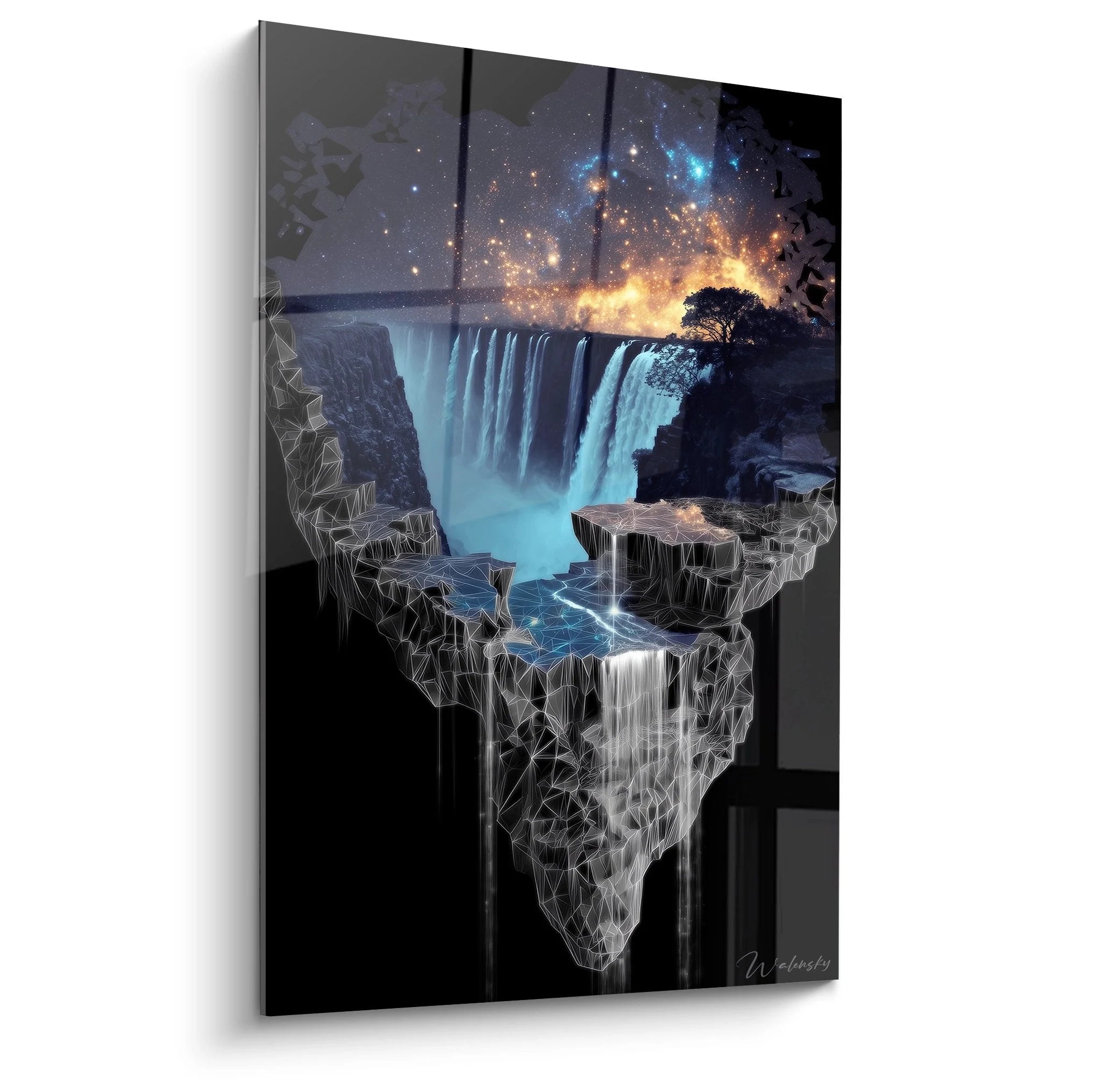 Surreales Wandbild XXL zeigt geometrischen Wasserfall mit Sternenhimmel und kristallinen Felsformationen