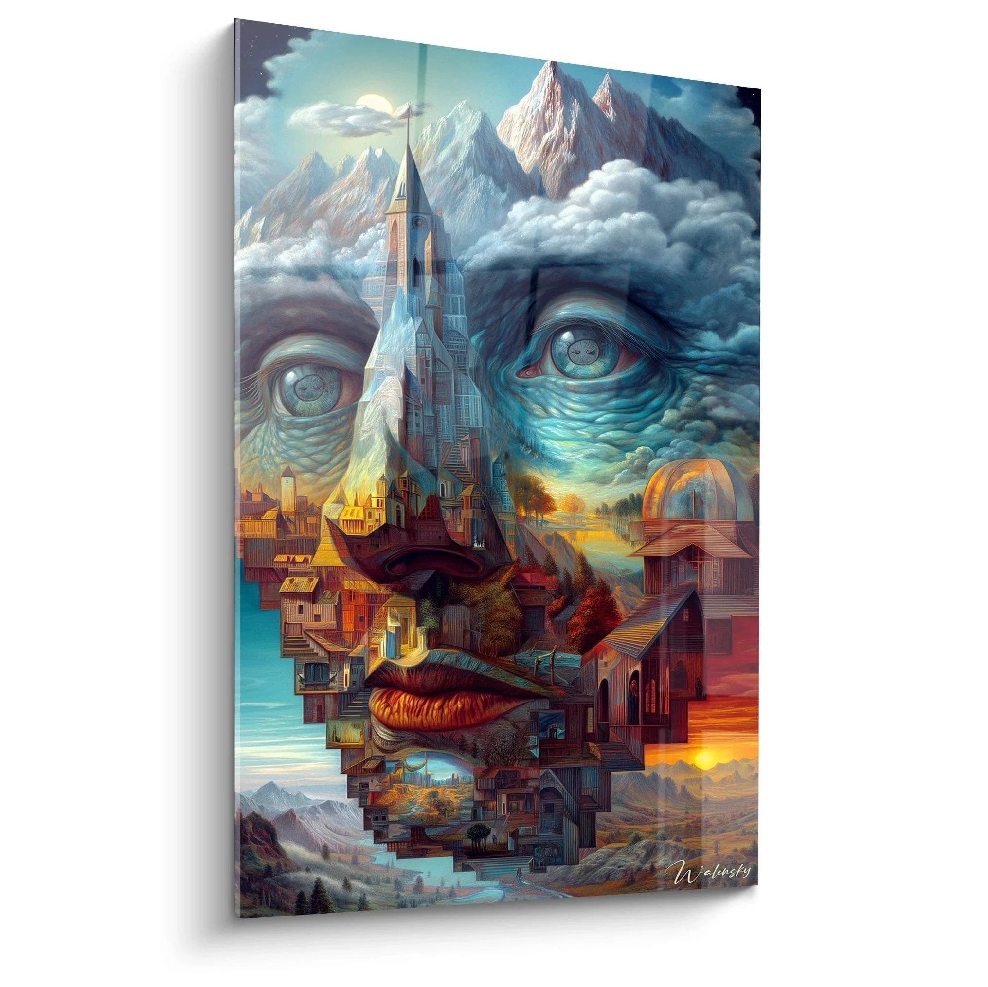 Surreales Wandbild mit Gesicht und gotischer Architektur in Surrealismus Stil für Wohnzimmer