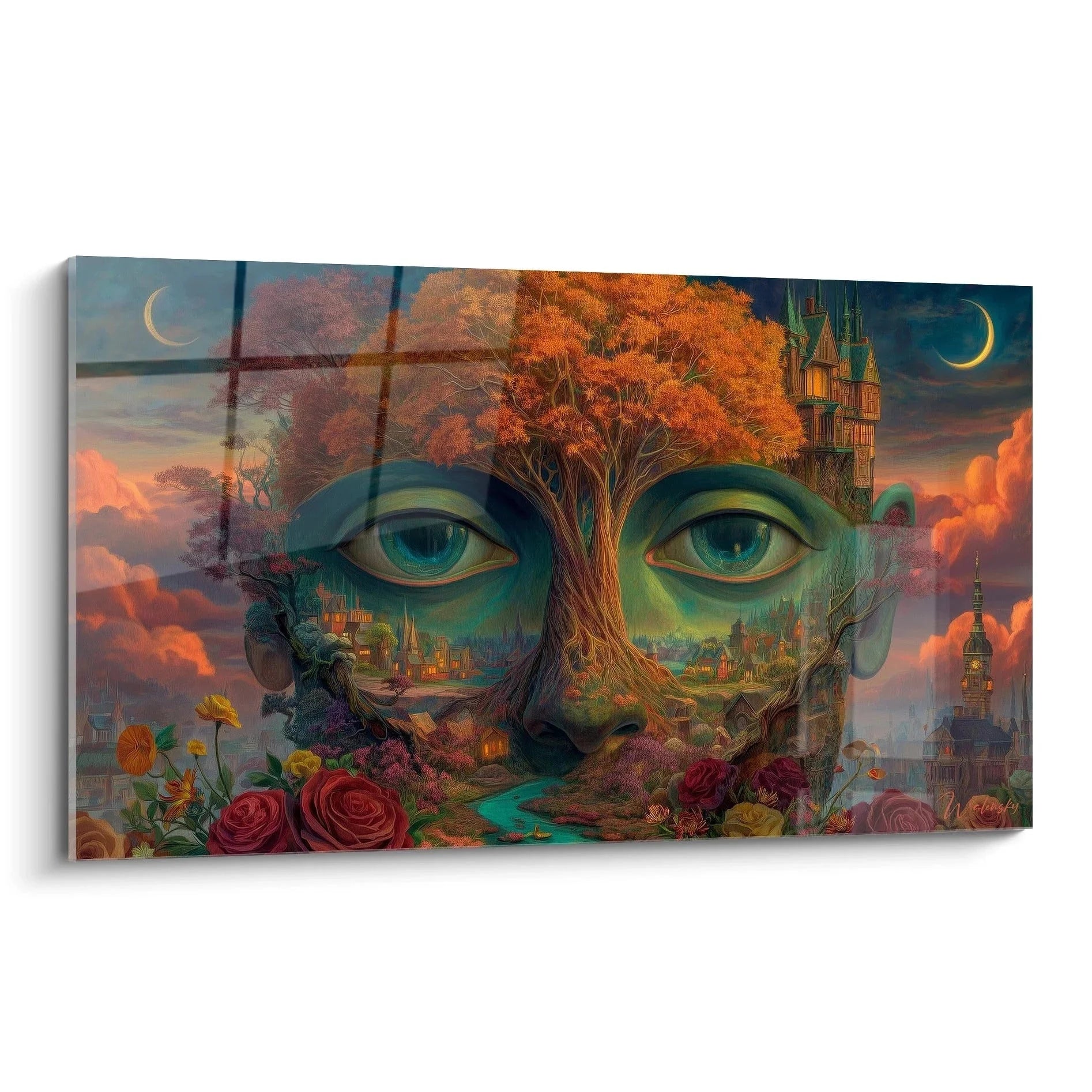 Surreales Wandbild mit mystischem Gesicht und orange-rotem Baum, türkise Augen, gotische Türme, Edition Surrealismus