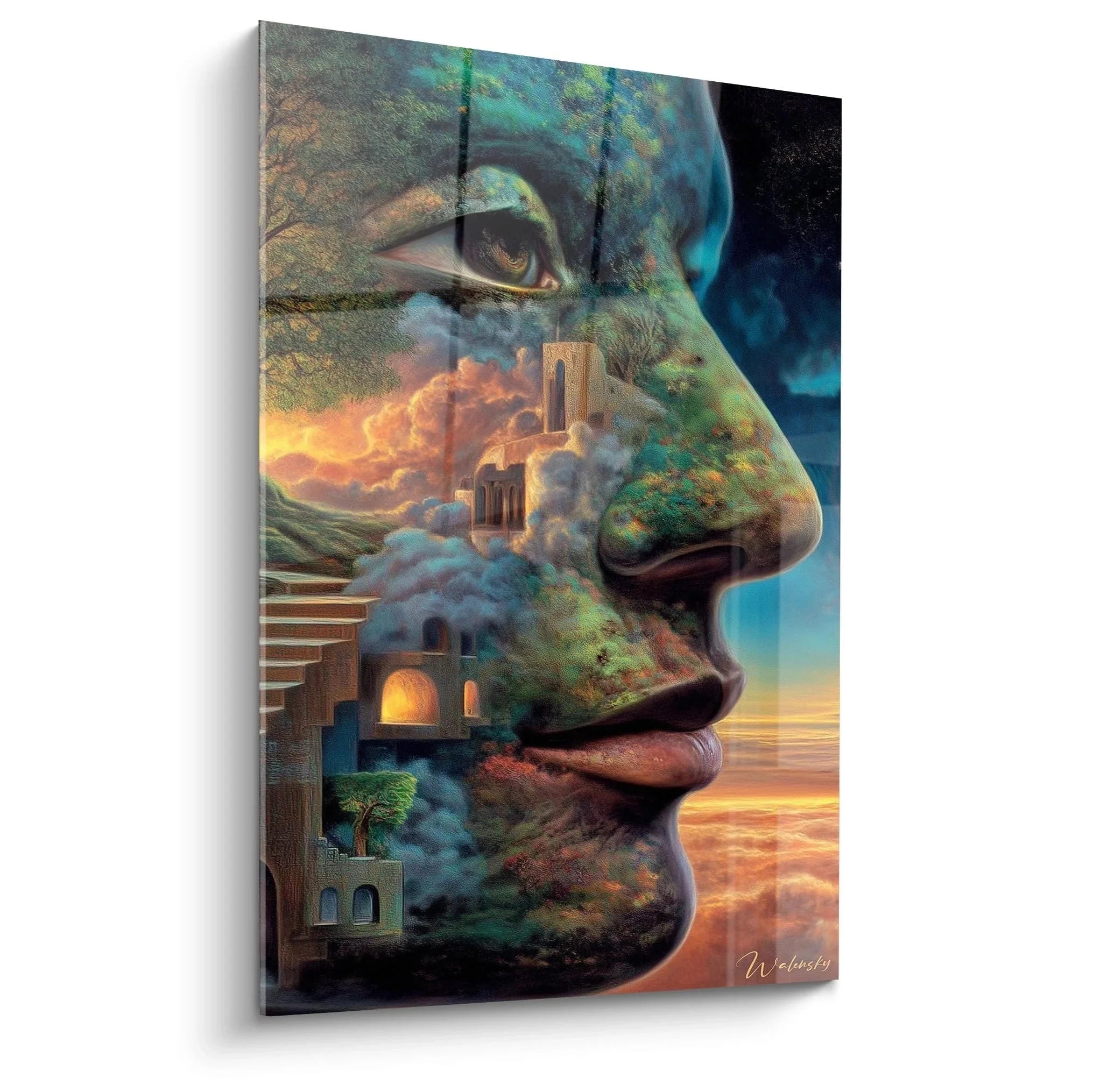 Surrealistisches Wandbild Gesichtsprofil mit integrierter Traumlandschaft und mystischen Architekturelementen