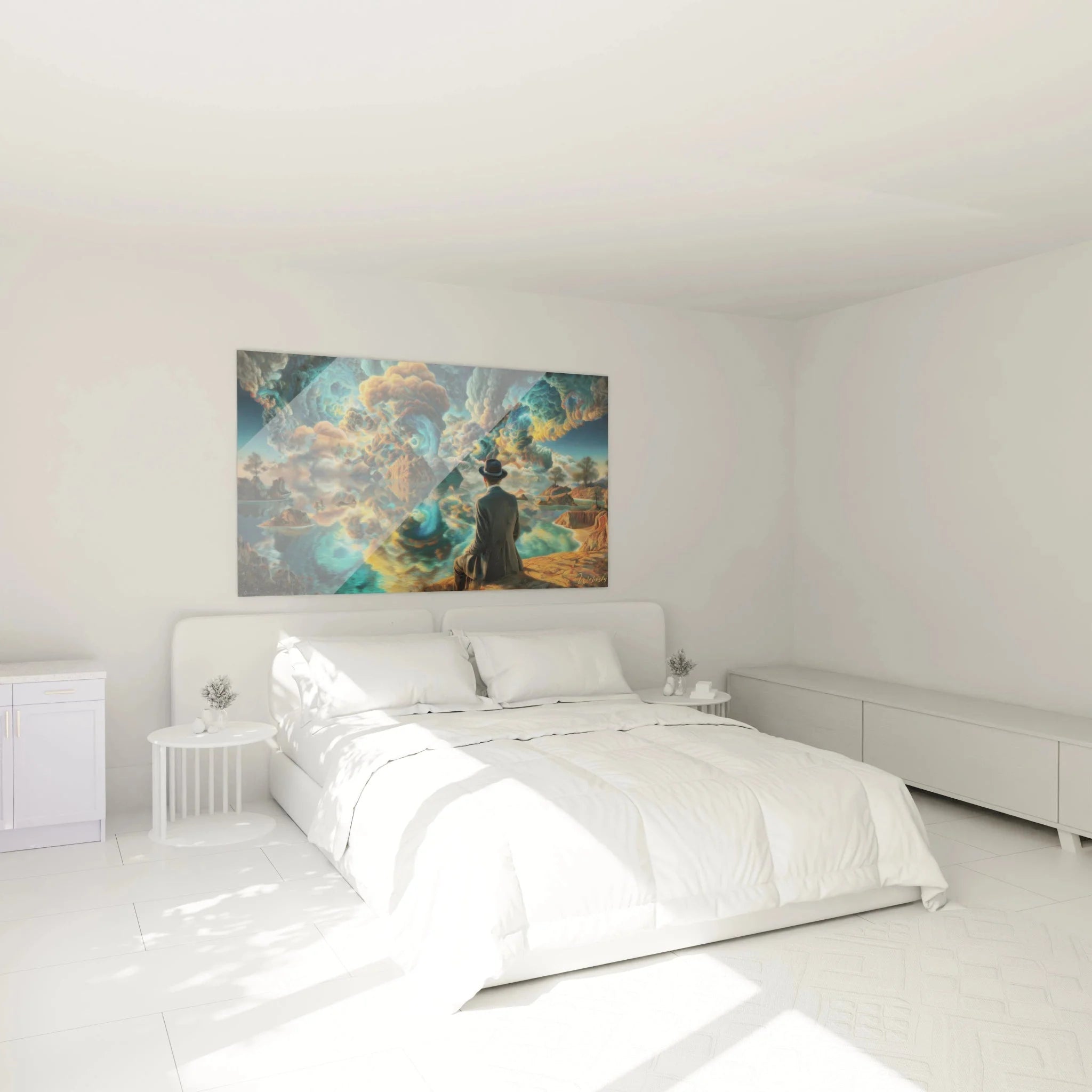 Wandbild Mann Zylinder surreal in modernem Schlafzimmer montiert zeigt traumhafte Wolkenformation Raumgestaltung