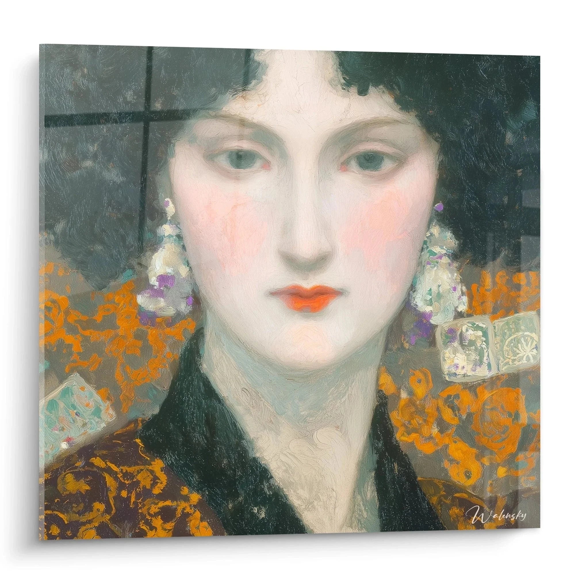 Symbolistisches Wandbild XXL mit Frauenporträt und orangefarbenen Blütenmotiven im Jugendstil