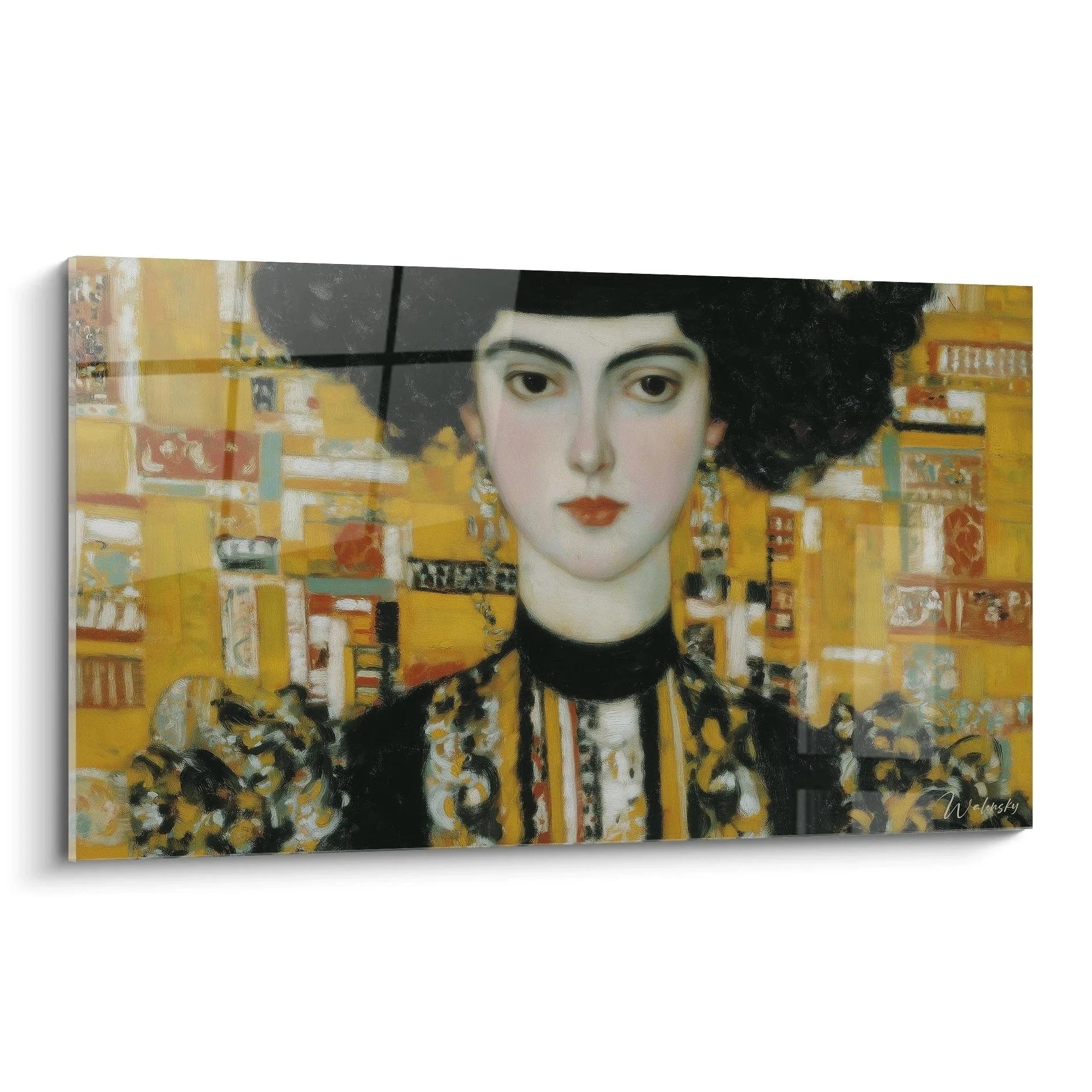 Symbolistisches Wandbild Frauenporträt mit schwarzem Haar und goldenen Akzenten im Stil des Symbolismus