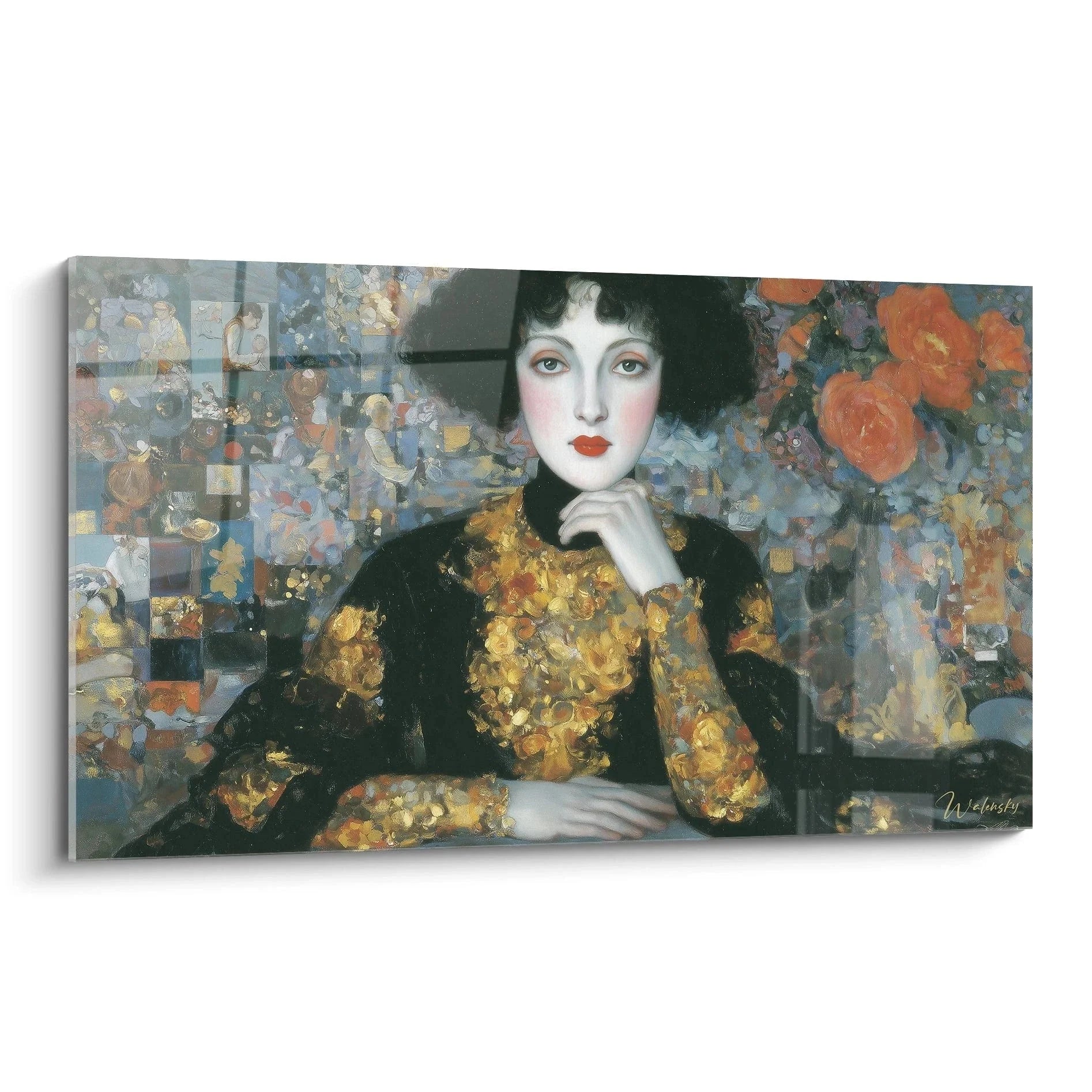 Symbolistisches Wandbild einer geheimnisvollen Dame mit schwarzen Locken und goldener ornamentaler Bluse